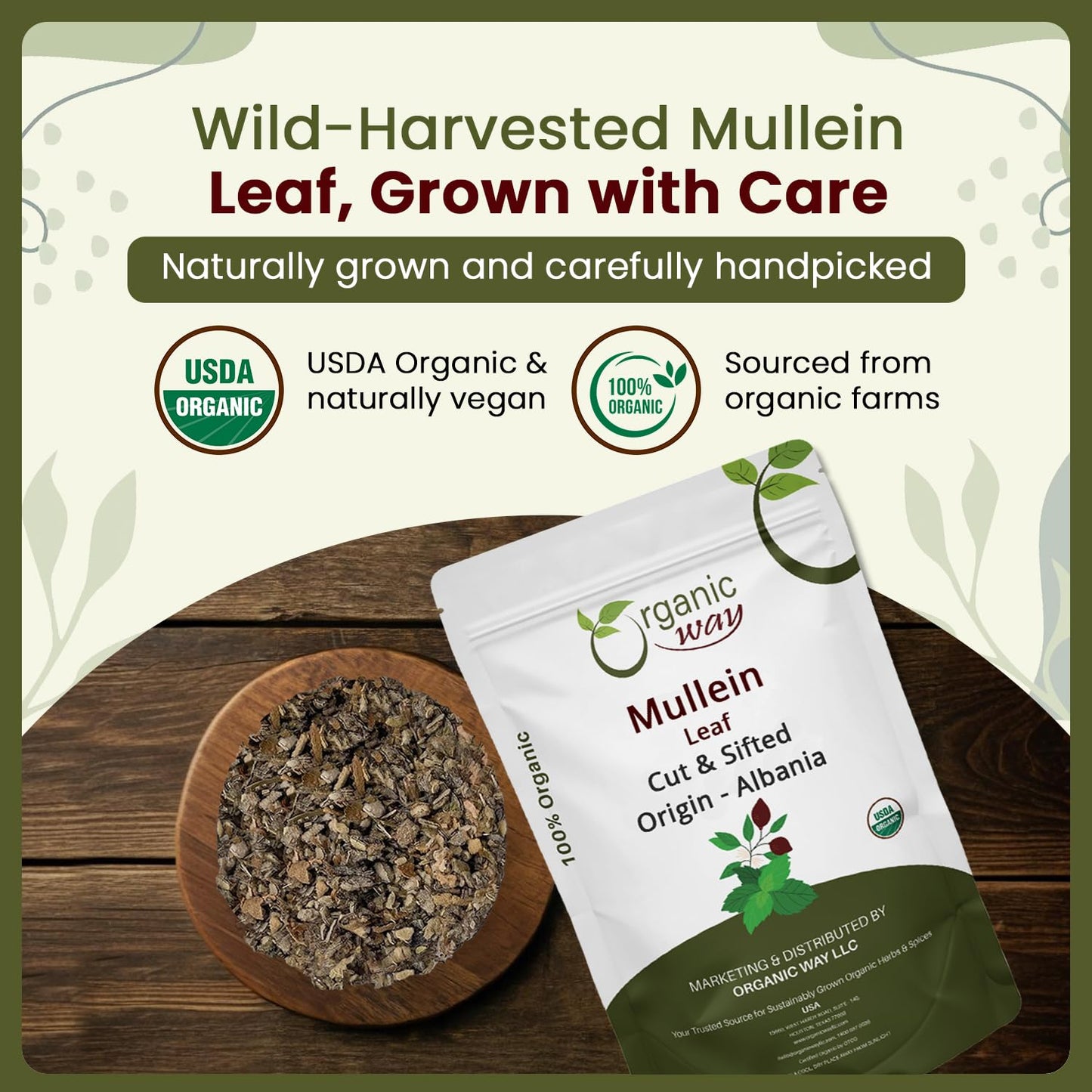 Organic Way Mullein Leaf | Herbal Tea (Verbascum thapsus) Cut & Sifted - European Wild-Harvest | Organic & Kosher Certified | Non GMO & USDA Certified