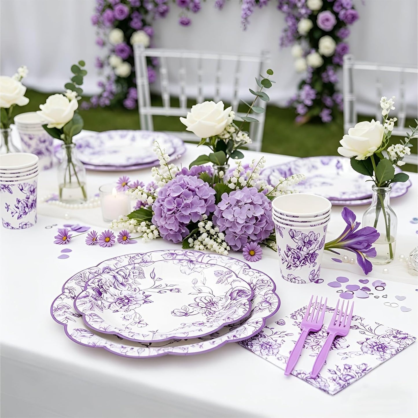 120Pcs Lavender Floral Paper Plate and Napkins Party Supplies | 9''&7'' Disposable Purple White Chinoiserie Scalloped Plates Cups Napkins Forks