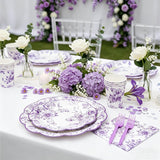 120Pcs Lavender Floral Paper Plate and Napkins Party Supplies | 9''&7'' Disposable Purple White Chinoiserie Scalloped Plates Cups Napkins Forks