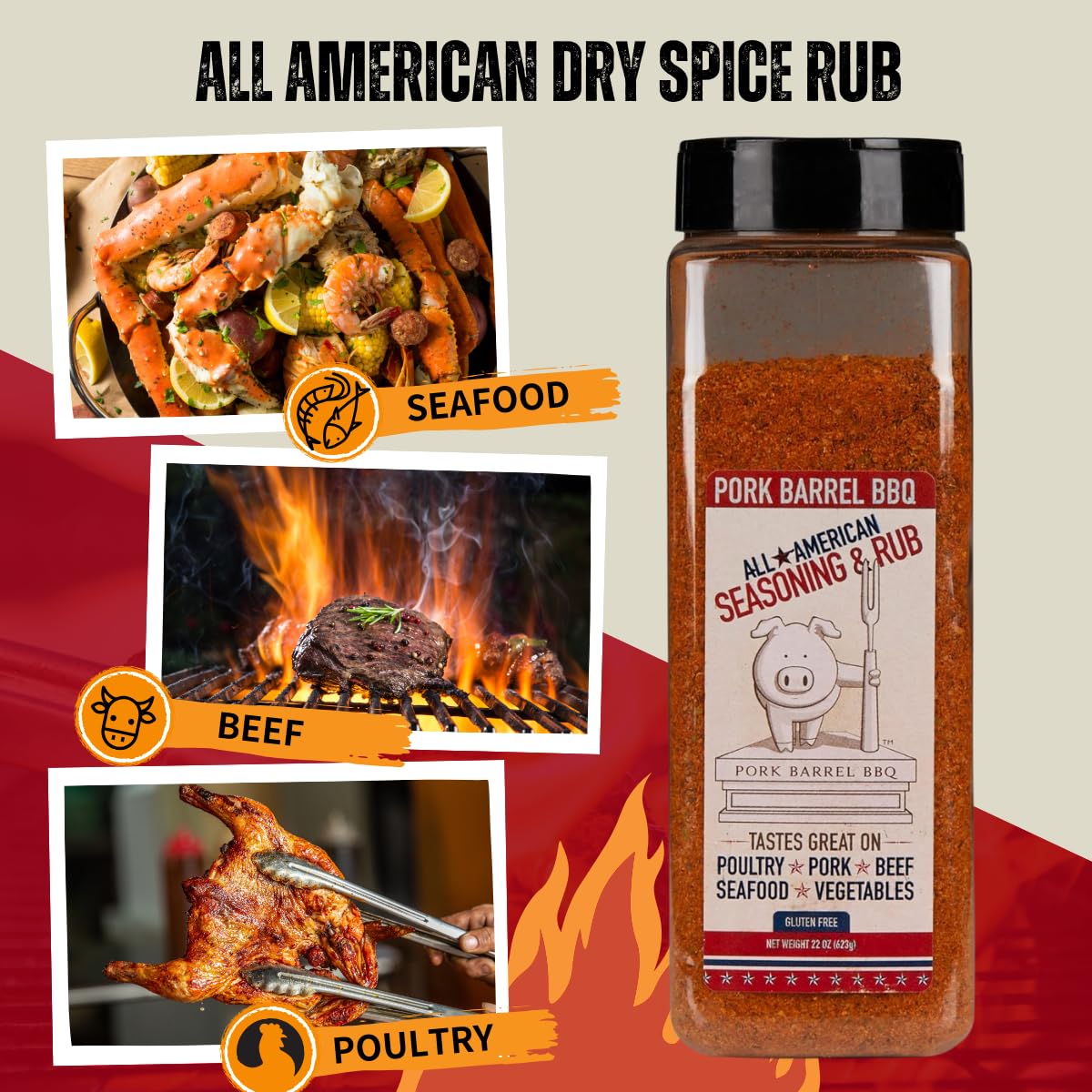 Pork Barrel BBQ All-Purpose BBQ Seasoning & Rub | Sugar-Free, Gluten-Free, MSG-Free | All American BBQ Seasoning for Chicken, Beef & Pork - 22oz Jar
