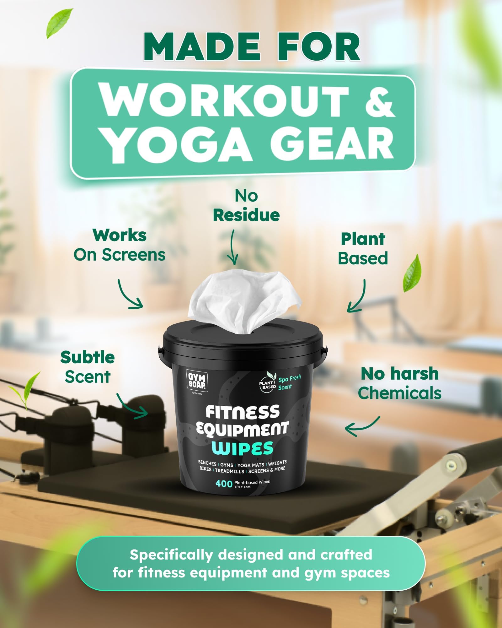 Gym & Yoga Mat Cleaner Wipes, Plant Based - 500 Gym Equipment Wipes to Clean Exercise Equipment, Treadmill, Peloton Bikes - Gym Supplies, Yoga