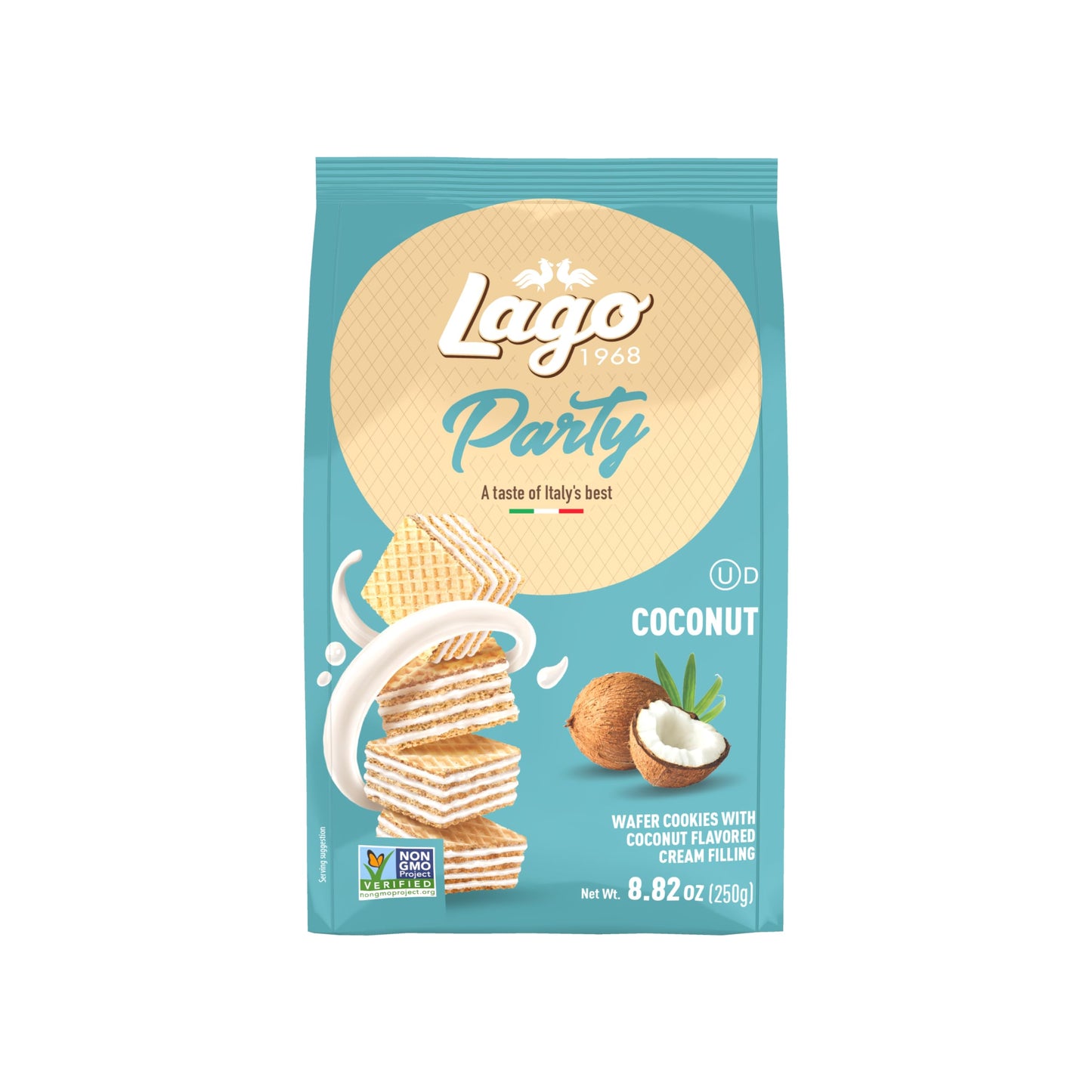 Gastone Lago Party Coconut Wafers, 8.82 oz - Italian Wafer Cookies with Coconut Flavored Cream Filling, Non-GMO Verified, Authentic Taste of Italy