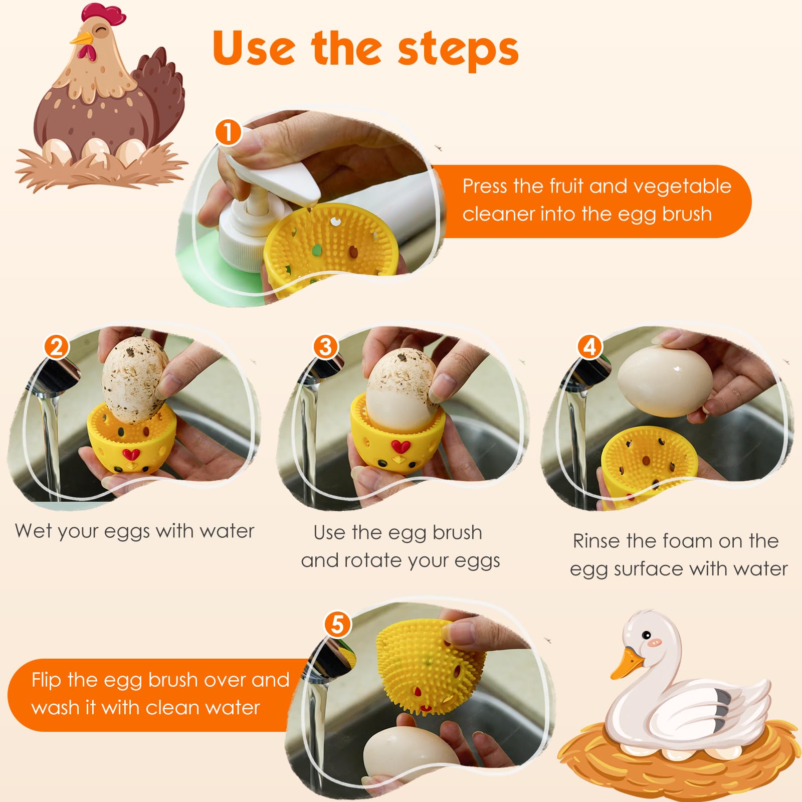 Egg Brush Cleaner, Egg Cleaner Scrubber for Fresh Eggs, Cute Chick Shaped Silicone Egg Washer, Reusable Multipurpose Washing Egg Tool for Fruits