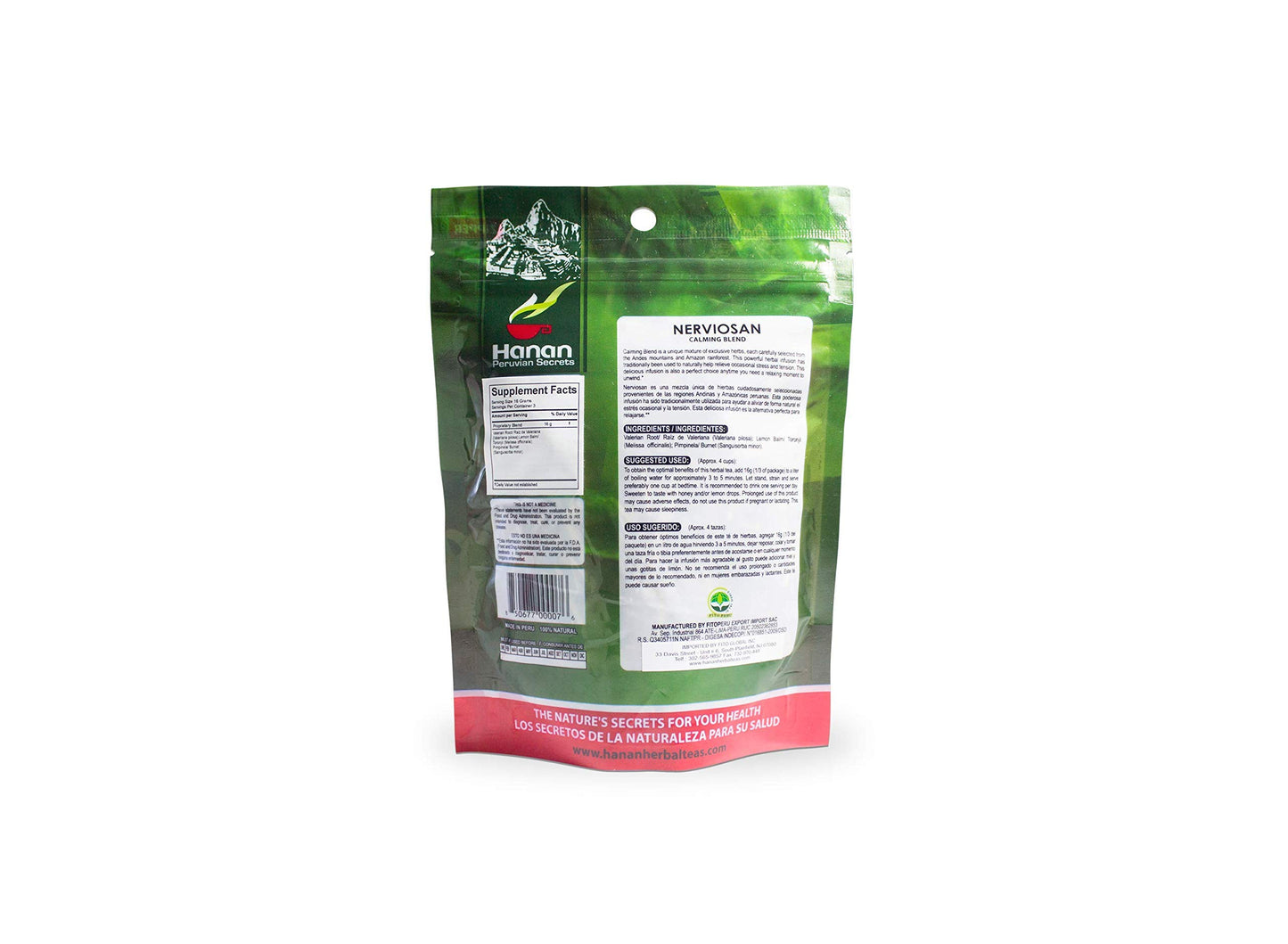 Hanan Peruvian Secrets Nerviosan Herbal Tea | 100% Natural Calming Blend | 1.76oz / 50g | Naturally Aids in Relieving Occasional Stress and Tension |