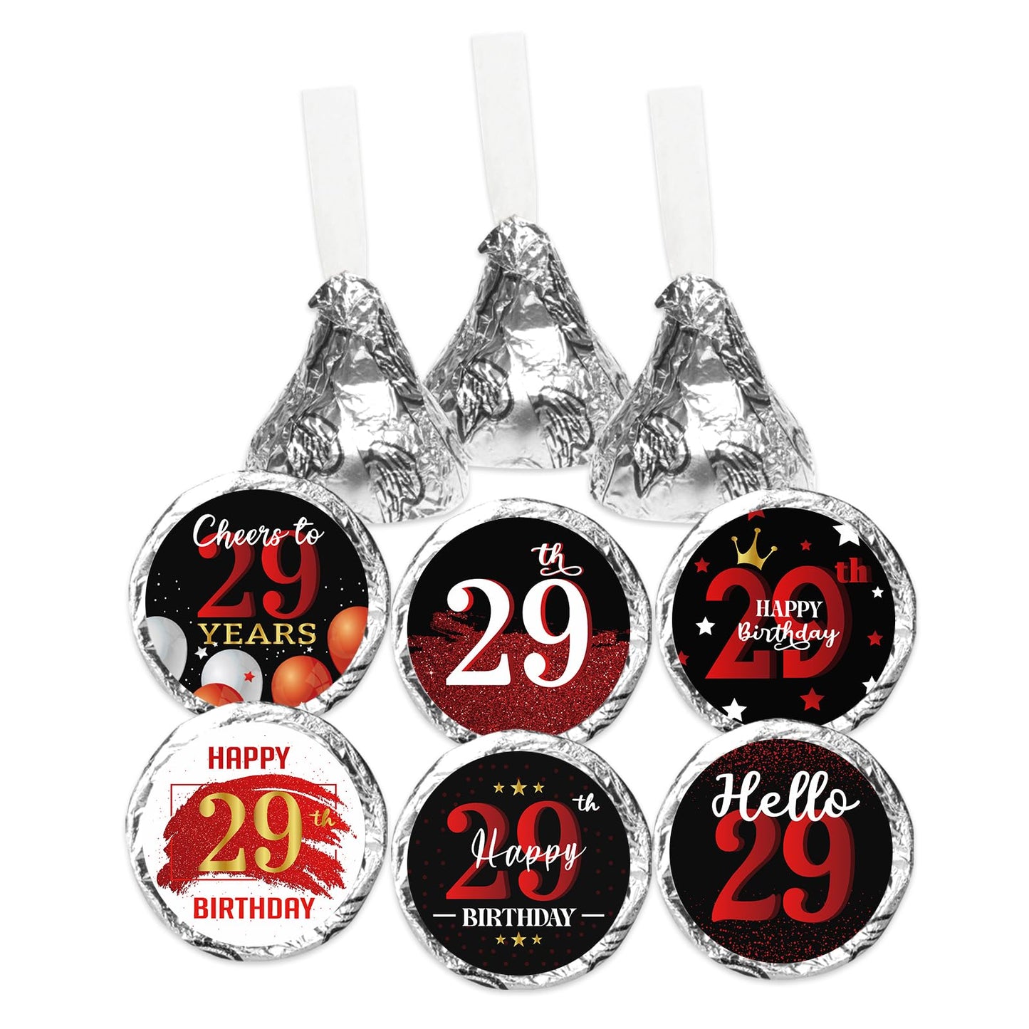 Happy 29th Birthday Party Favor Labels Chocolate Kisses Candy Stickers - Twenty Nine Years Old Birthday Round Candy Sticker Party Favors - Black