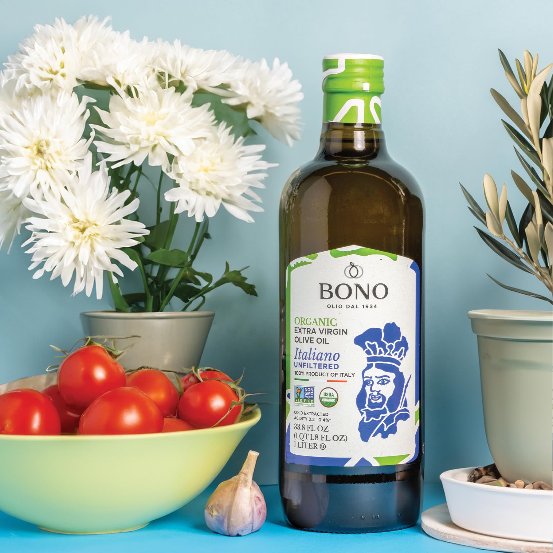 Bono Organic Unfiltered Italian Extra Virgin Olive Oil 33.8 fl oz | 100% Italian, Cold Extracted, First Cold Pressed, USDA Certified Organic EVOO