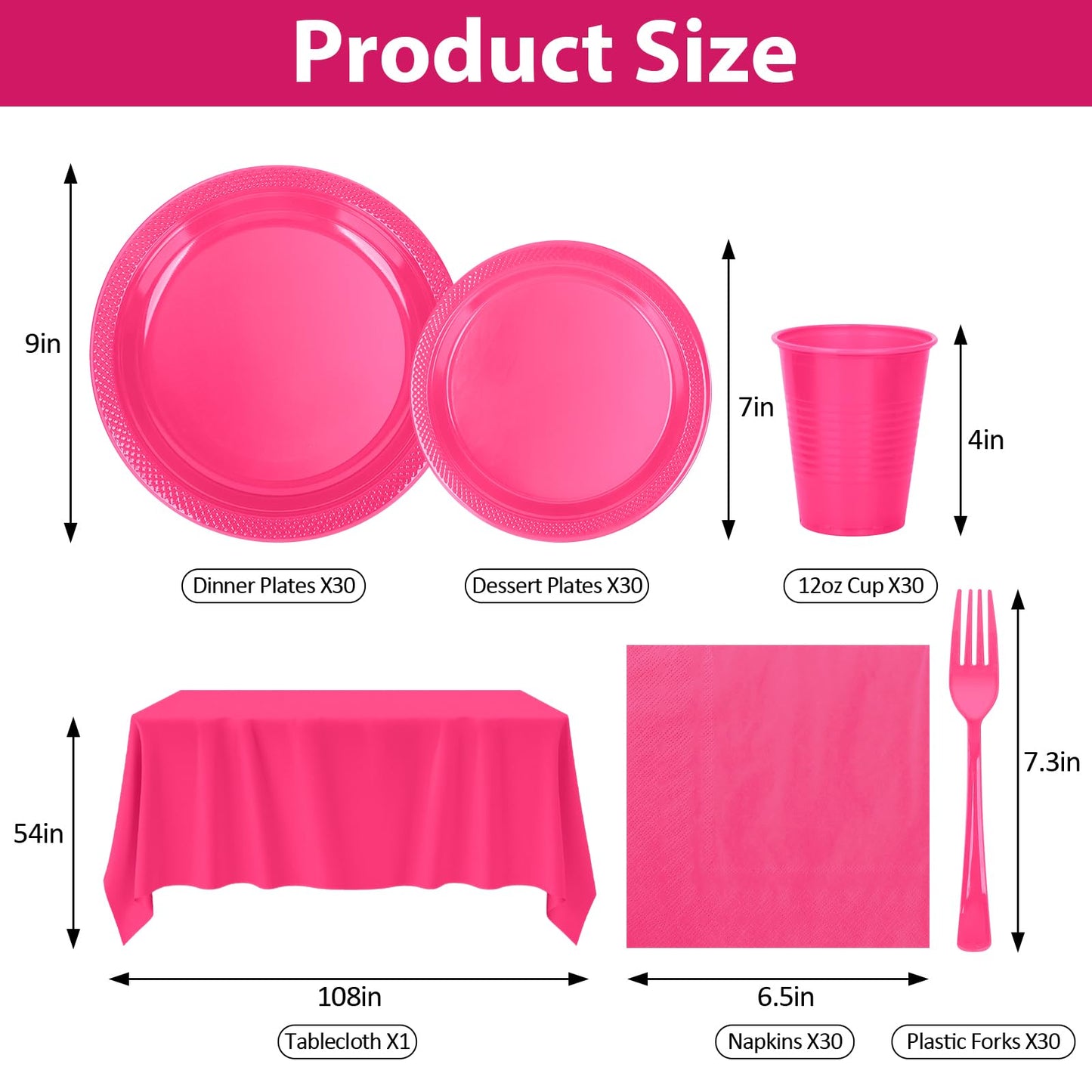 CLIYTICA Hot Pink Plastic Plates for Party,30 Guest Disposable Plastic Plate Set 9" Plates,7" Dessert Plates,Napkins,12 oz Cups,Forks & Tablecloth