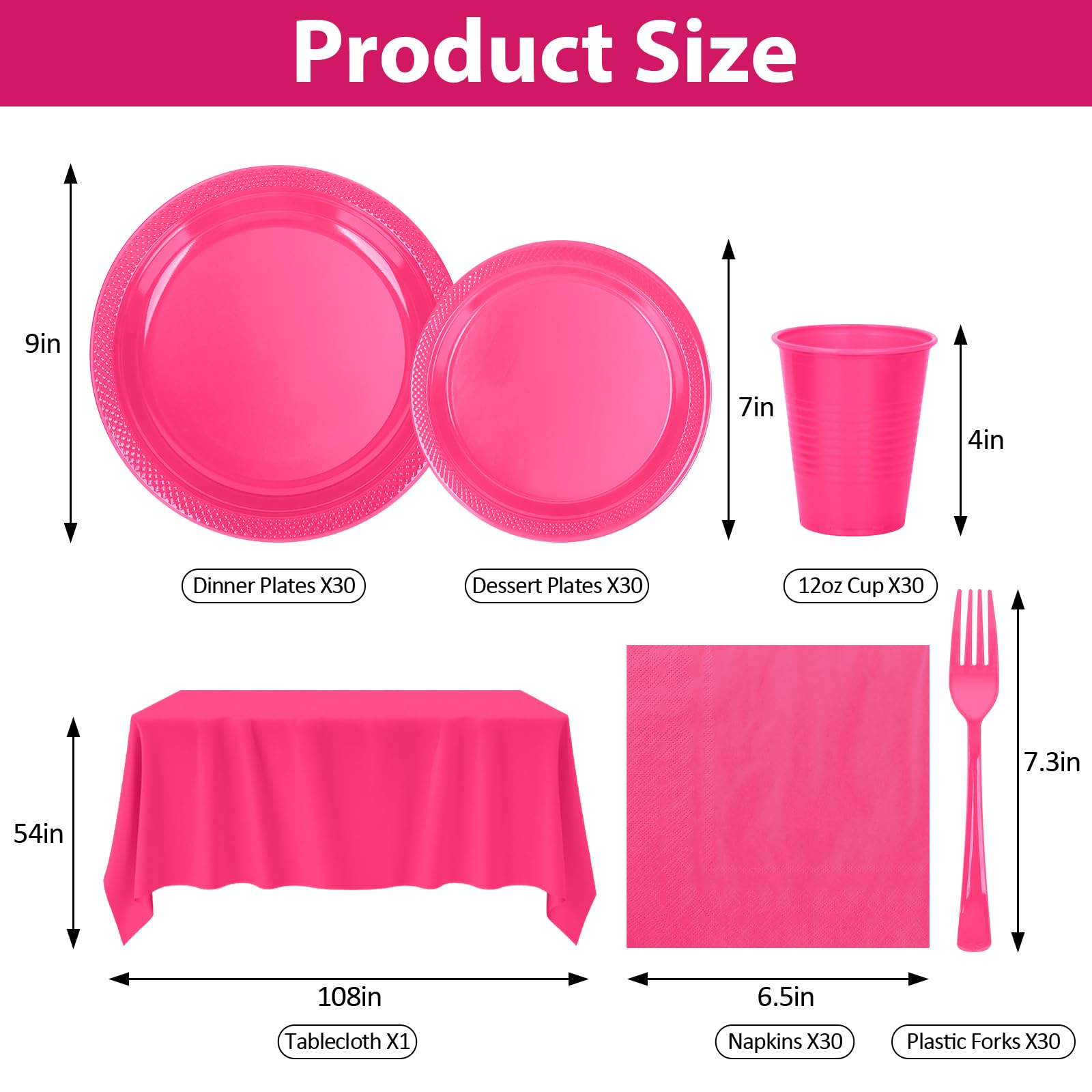 CLIYTICA Hot Pink Plastic Plates for Party,30 Guest Disposable Plastic Plate Set 9" Plates,7" Dessert Plates,Napkins,12 oz Cups,Forks & Tablecloth