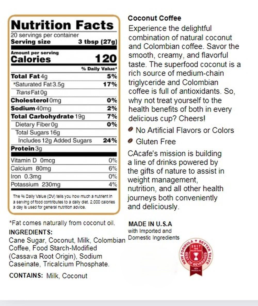 CAcafe Coconut Coffee, Coconut Infused Colombian Coffee, Creamy Drink Mix, Make Iced or Hot, Packed with Antioxidants, Natural Energy, and Stress