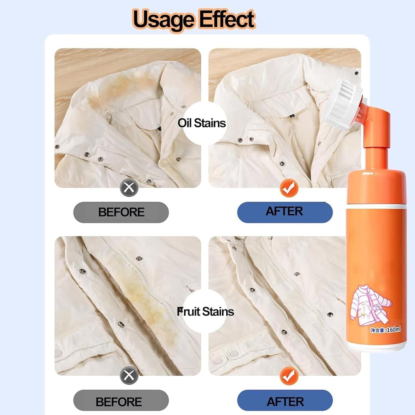 FAFOUR Dry Cleaning Agent with Brush Head for Down Jacket, 160ml Foam Dry Cleaner, Dry Foam Cleaner, Wash-Free Clothing Foam Spray, One Wipe