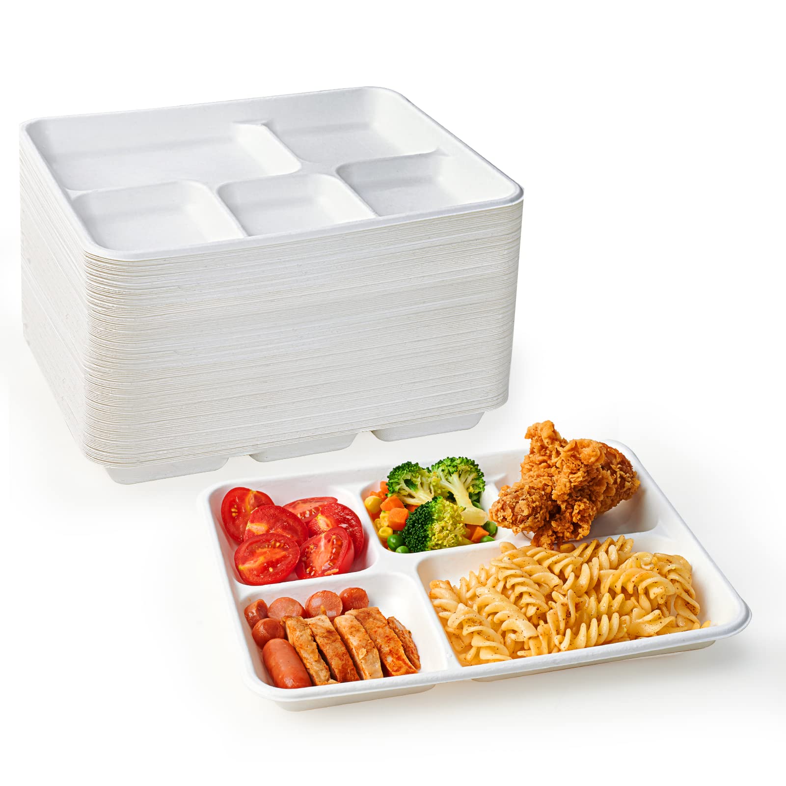 ECOLipak 100% Compostable 5 Compartment Plates, 125 Pack Disposable Paper Plates, Heavy-Duty Biodegradable Sugarcane Plates, Eco-Friendly School Lunch