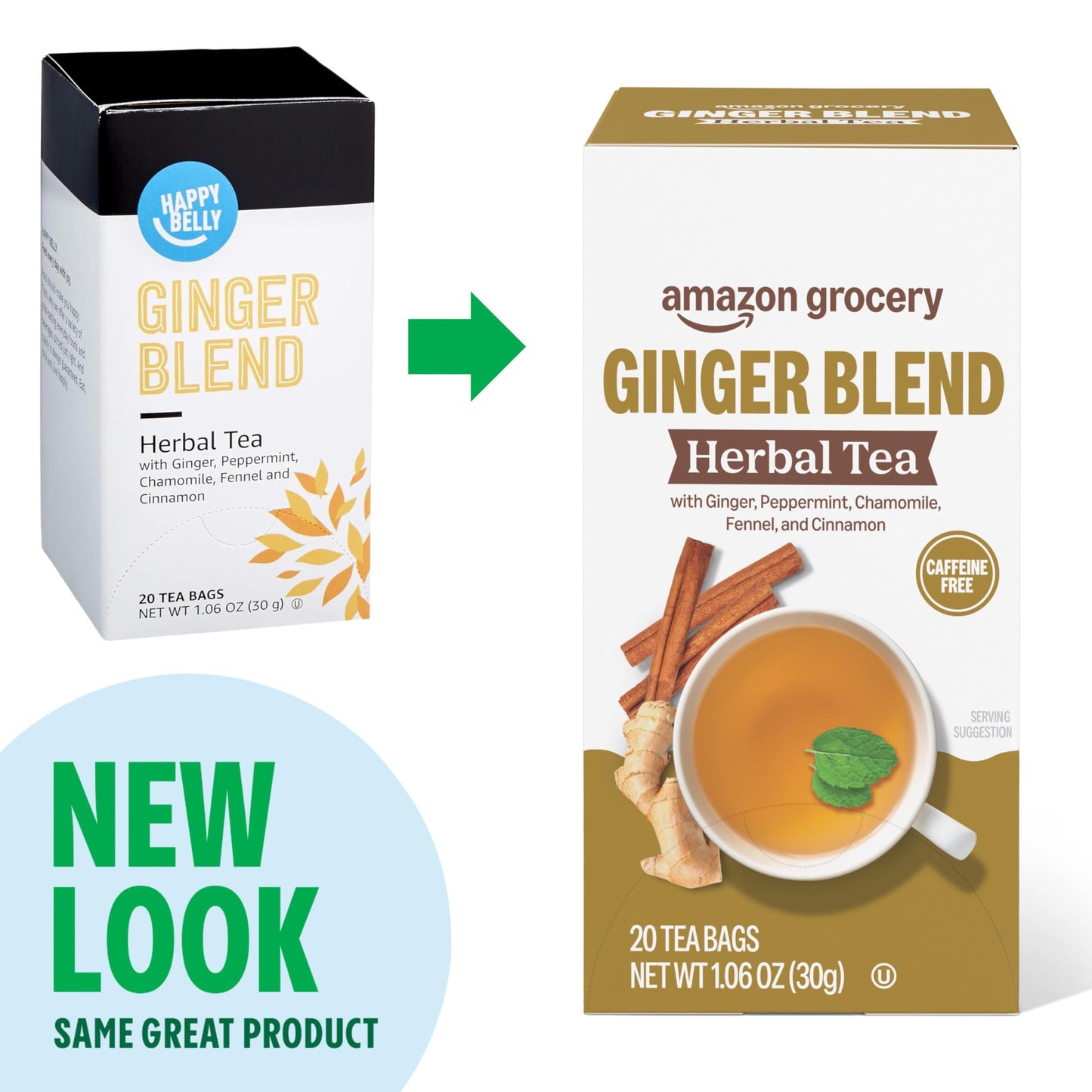 Amazon Grocery, Ginger Blend Herbal Tea Bags, Caffeine Free, 20 Ct