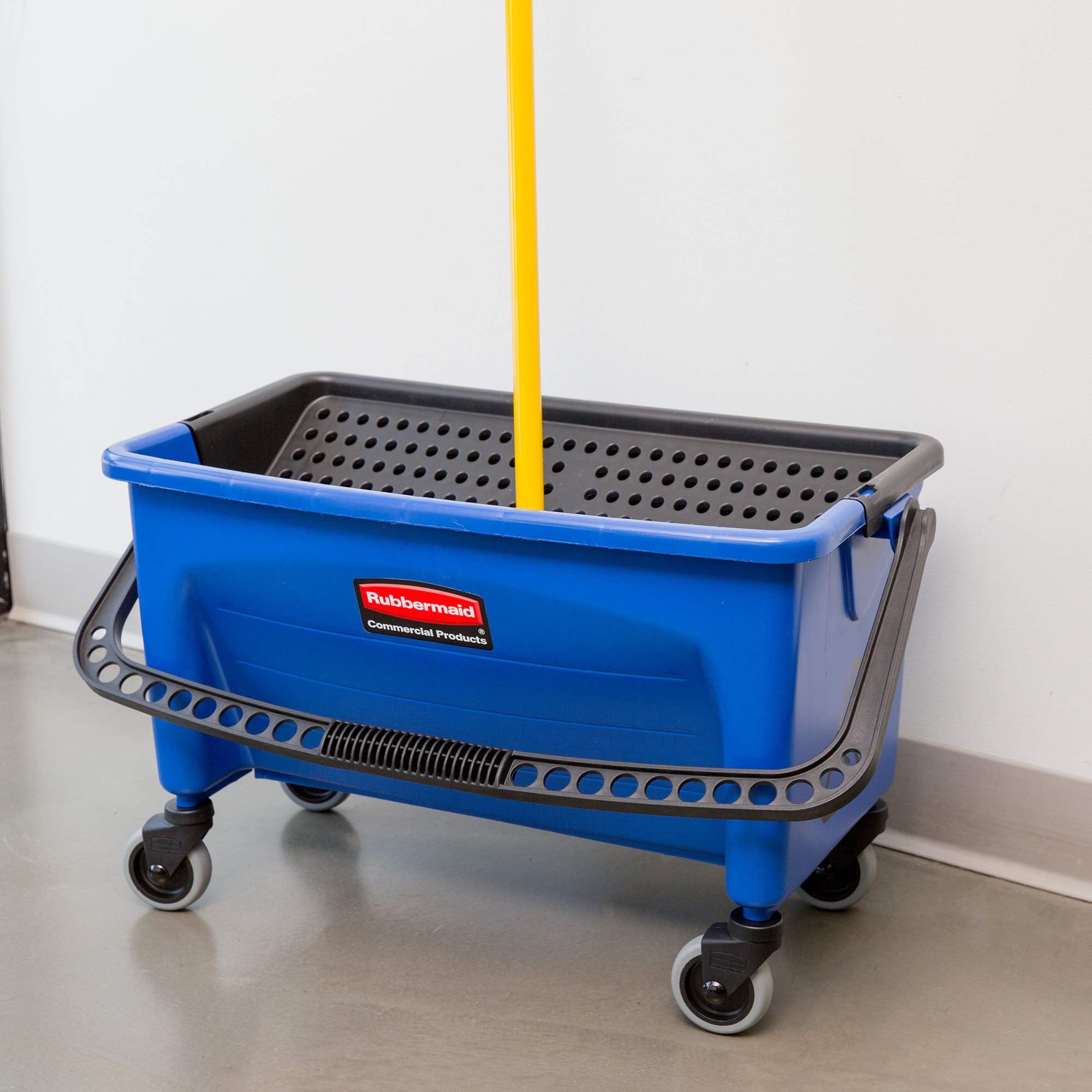 Rubbermaid Commercial Products Finish Mop Bucket with Press Wringer, 26" Blue, for Janitorial/Professional Cleaners and Heavy-Duty Industrial