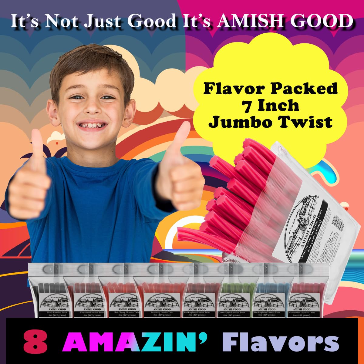 Amish Good Gourmet Licorice Twist Candy - Premium Sweet & Chewy Treat, Watermelon Jumbo Licorice Twist Perfect Snack Under 100 Calories