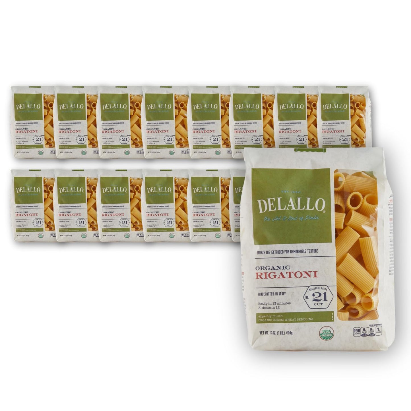 DeLallo Organic Rigatoni Pasta, Made with 100% Semolina Durum Wheat Flour, Bronze Cut, Made in Italy, Non-GMO, Preservative Free, Large Tube Pasta