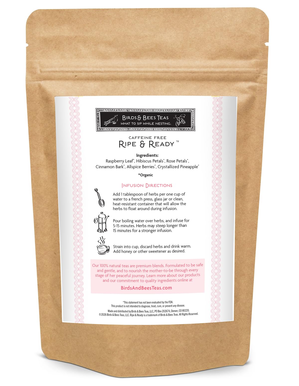 Birds & Bees Teas - Red Raspberry Leaf Tea Pregnancy, Ripe & Ready Third Trimester Tea to Prepare Your Body for Labor and Birth - 40 Servings, 5.0 oz