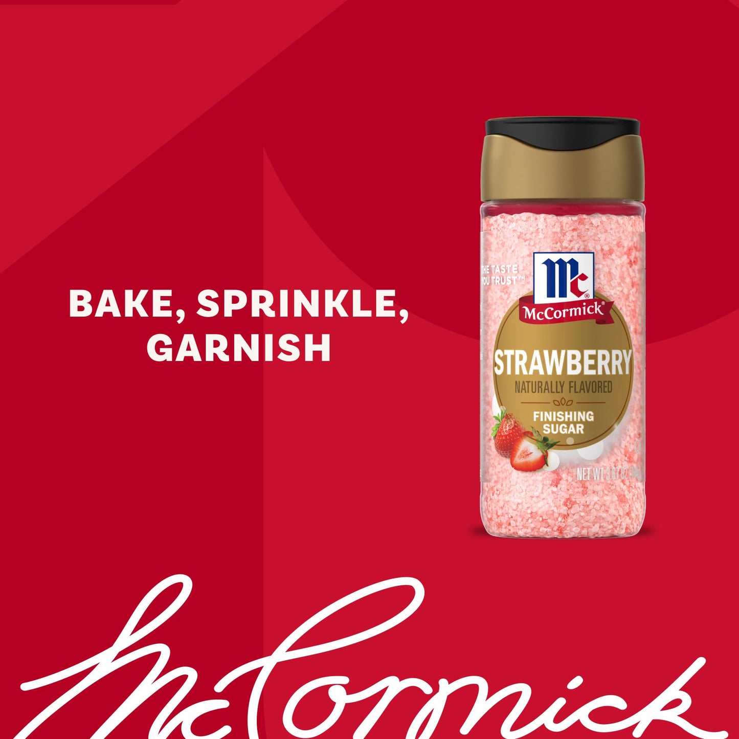 McCormick Finishing Sugar, Strawberry, Sweet Strawberry Flavor, Perfect For Adding A Fruity Sweetness to Breakfast Items, Sprinkle on Baked Goods or Stir into Beverages, 3.67 oz