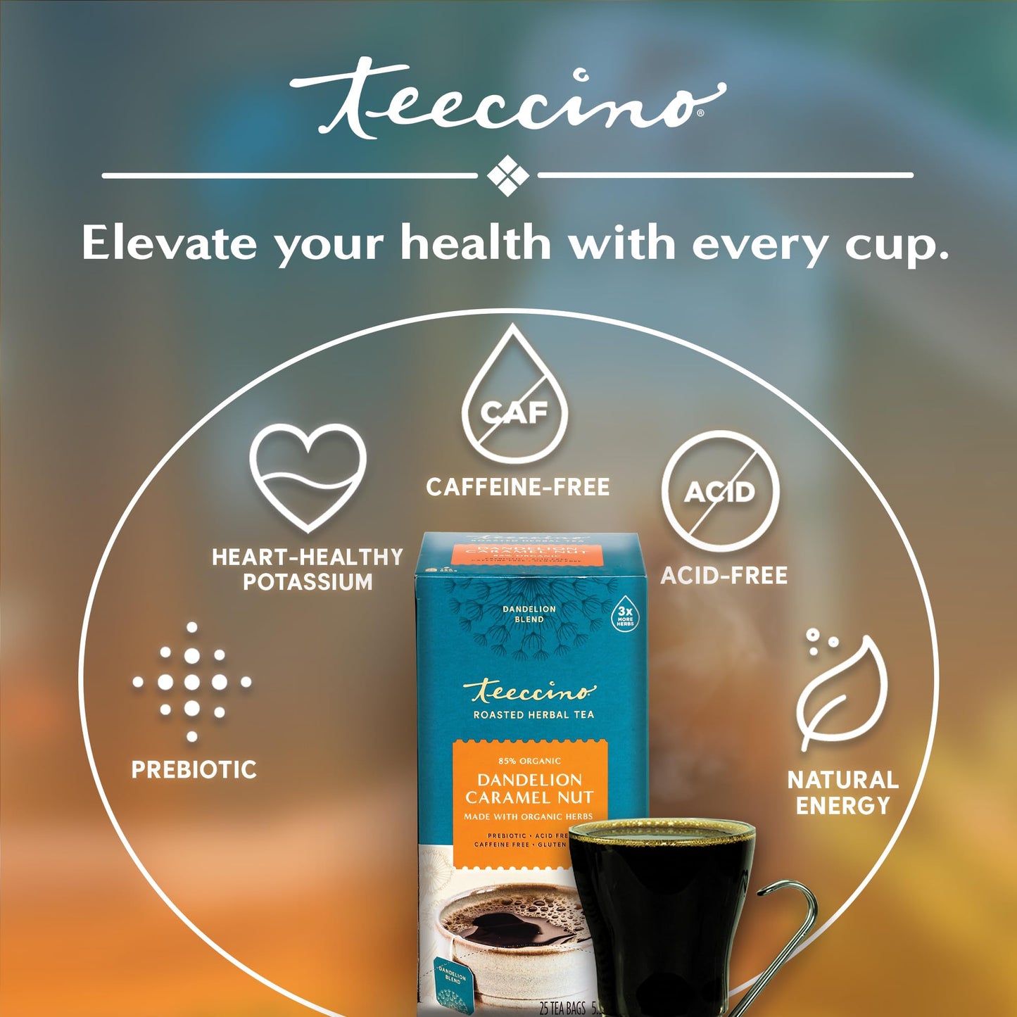 Teeccino Dandelion Caramel Nut Tea, 25 Tea Bags - Caffeine Free, Roasted Herbal Tea with Prebiotics, 3x More Herbs than Regular Tea Bags, Gluten Free