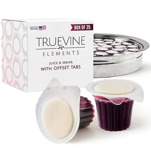 TrueVine Elements Cup - Prefilled Communion Cups and Wafer Set, Offset Tabs, Juice & Crispy Wafer, Sealed for Freshness, Holy Communion Bread
