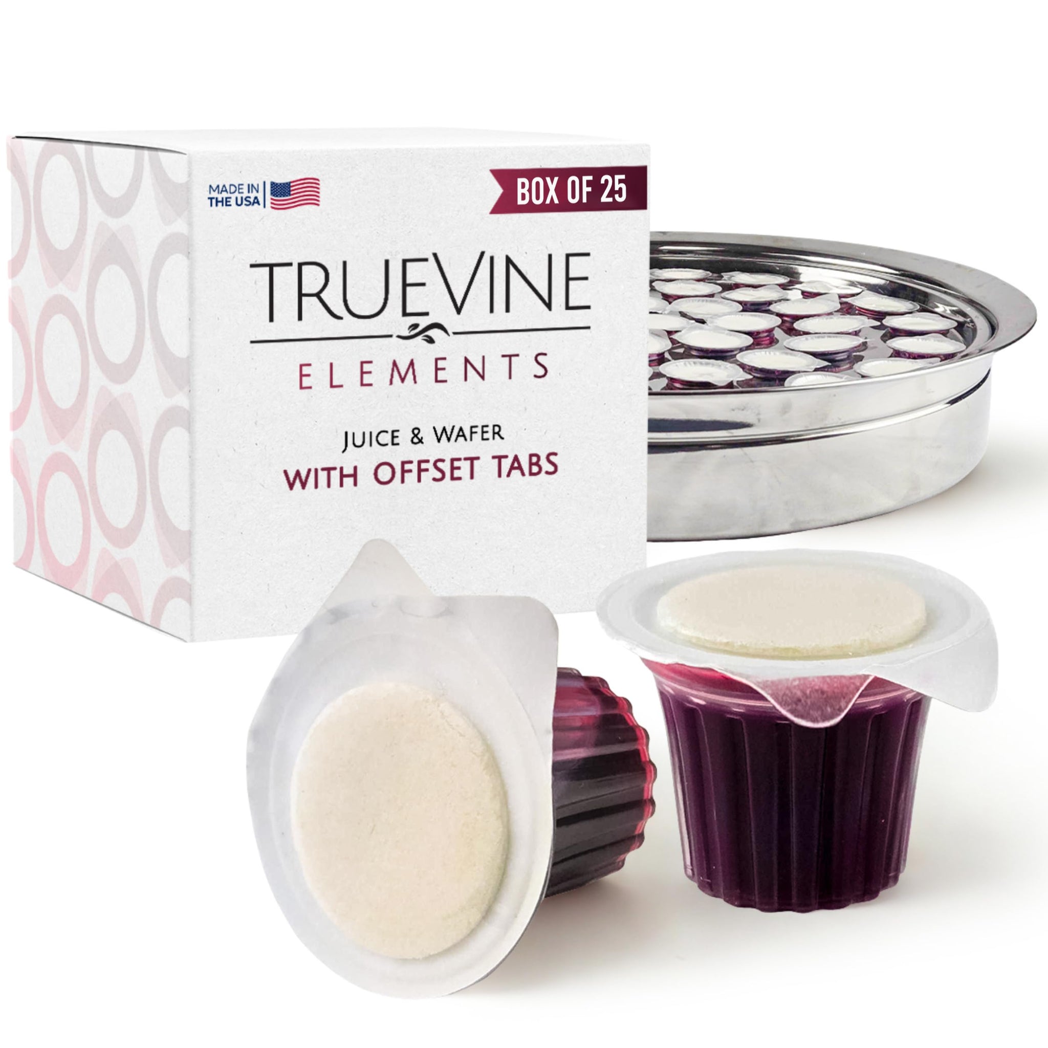 TrueVine Elements Cup - Prefilled Communion Cups and Wafer Set, Offset Tabs, Juice & Crispy Wafer, Sealed for Freshness, Holy Communion Bread