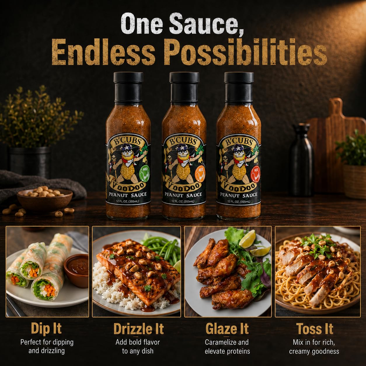 B’Cubs® Voodoo Peanut Sauce MEDIUM, Premium Thai-Inspired Sauce with a Texas Twist, Thick Peanut Sauce for Wings, Meats, Noodles, Meals, Drizzling