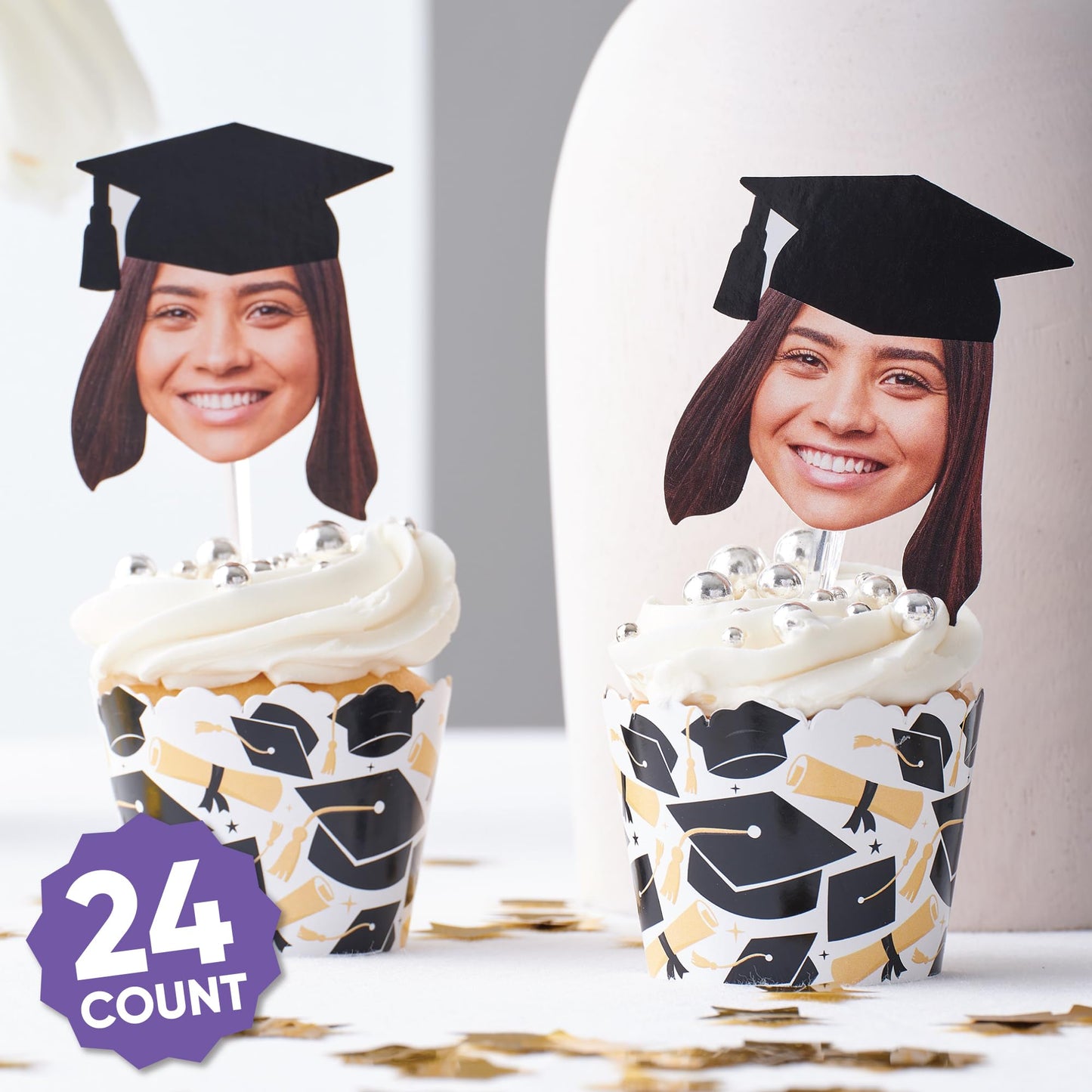 Big Dot of Happiness Grad Cap Fun Face Cutout Dessert Cupcake Toppers - Custom Graduation Photo Head Cut Out Clear Treat Picks - Upload 1 Photo - Set