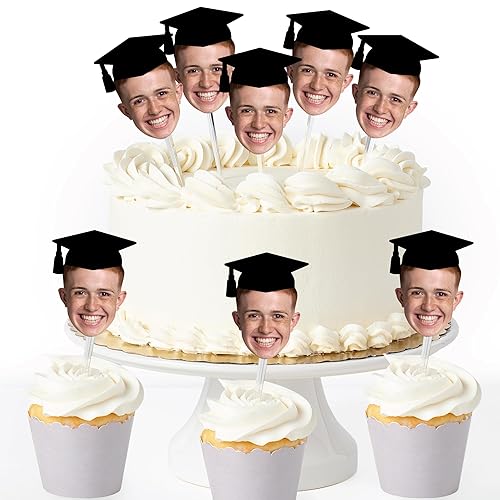 Big Dot of Happiness Grad Cap Fun Face Cutout Dessert Cupcake Toppers - Custom Graduation Photo Head Cut Out Clear Treat Picks - Upload 1 Photo - Set