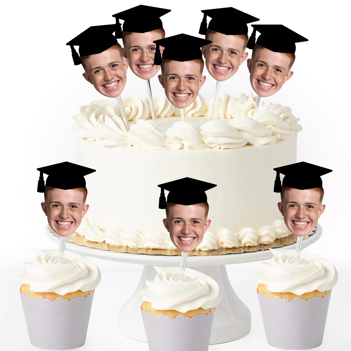Big Dot of Happiness Grad Cap Fun Face Cutout Dessert Cupcake Toppers - Custom Graduation Photo Head Cut Out Clear Treat Picks - Upload 1 Photo - Set