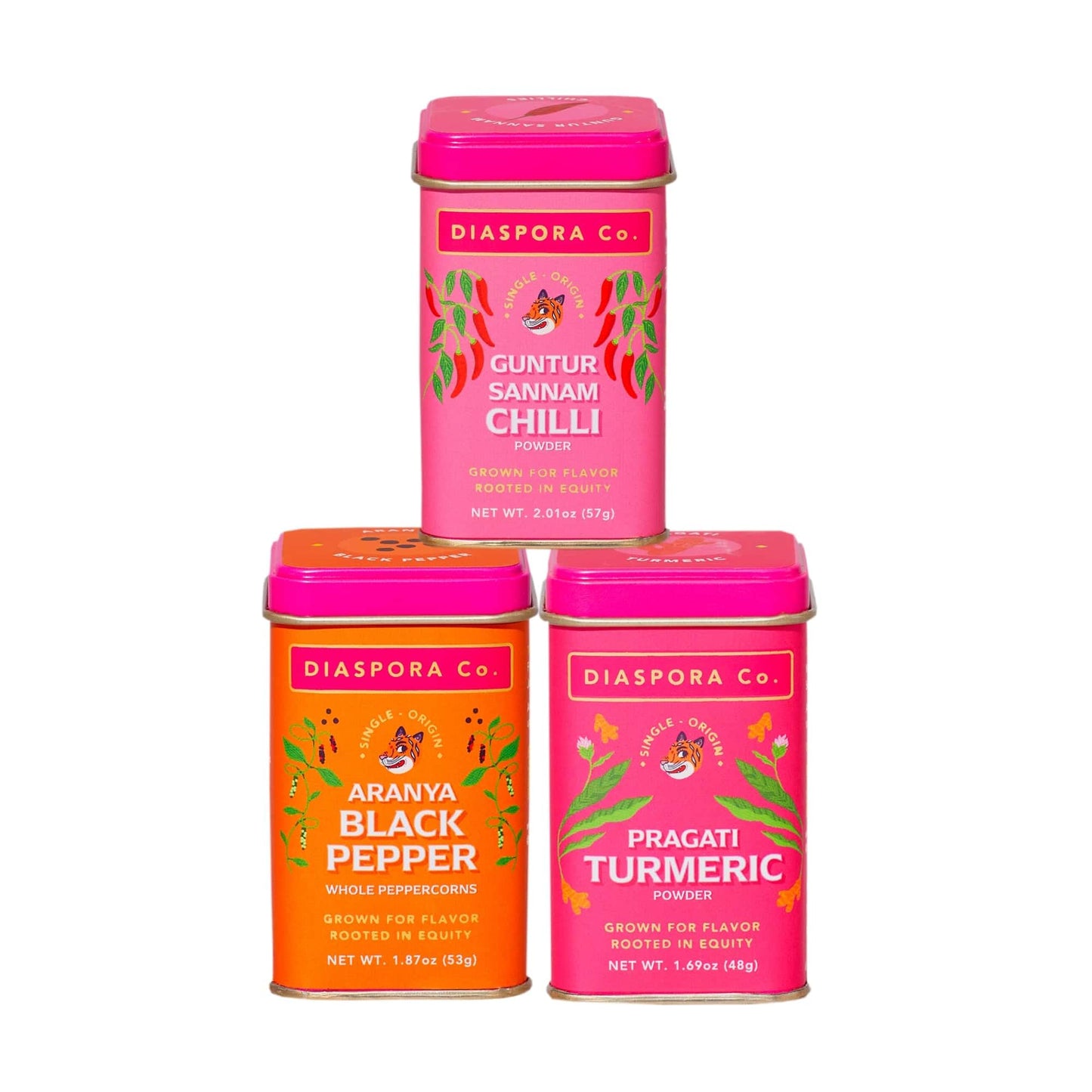 Diaspora Spice Co. Spice Trio Gift Set - Pragati Turmeric, Aranya Black Pepper & Guntur Sannam Chili - Premium Single-Origin Indian Spices for Cooking