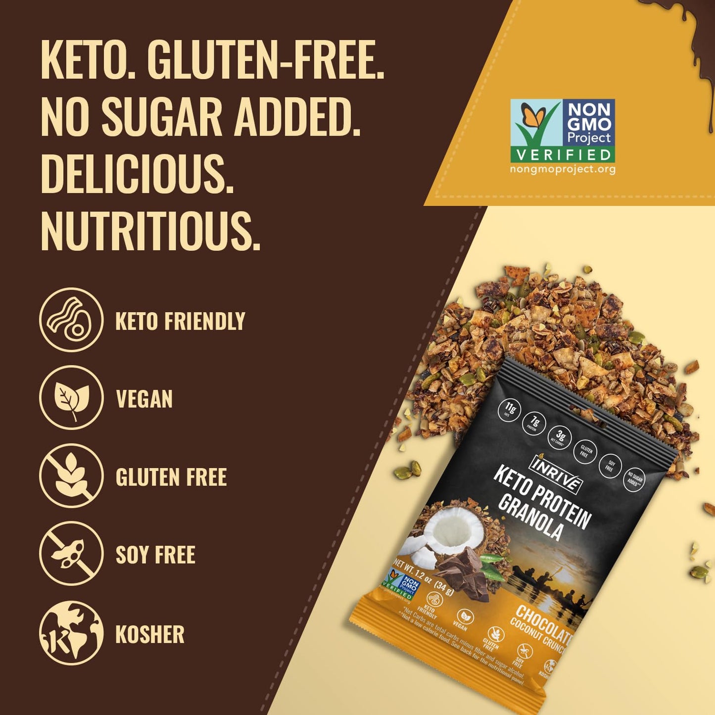 Inrive High Protein Chocolate Coconut Crunch Gluten Free Granola, Keto, Soy-Free, Kosher, No Added Sugar, Vegan, Non-GMO, 1.2 oz Snack Size, 12 Pack