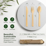 EcoPreps Premium Pre Rolled Brown Paper Napkin and Bamboo Cutlery Set (50 Pack, 200 PCS) 100% Biodegradable, Disposable Wrapped Disposable Silverware
