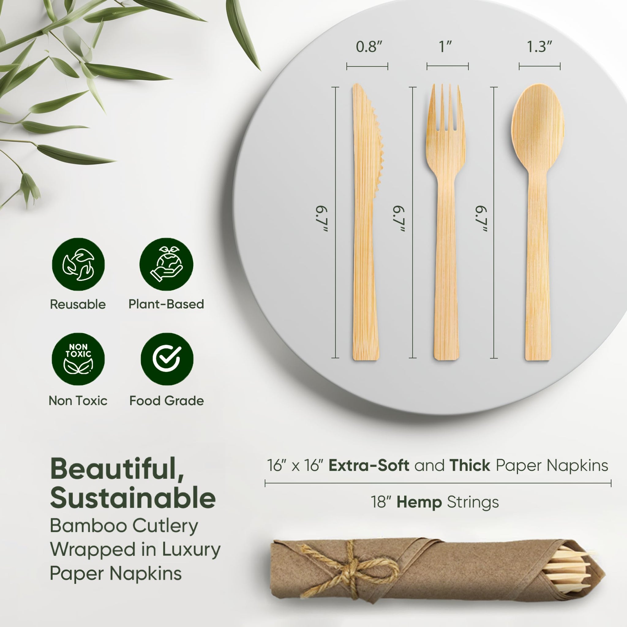 EcoPreps Premium Pre Rolled Brown Paper Napkin and Bamboo Cutlery Set (50 Pack, 200 PCS) 100% Biodegradable, Disposable Wrapped Disposable Silverware