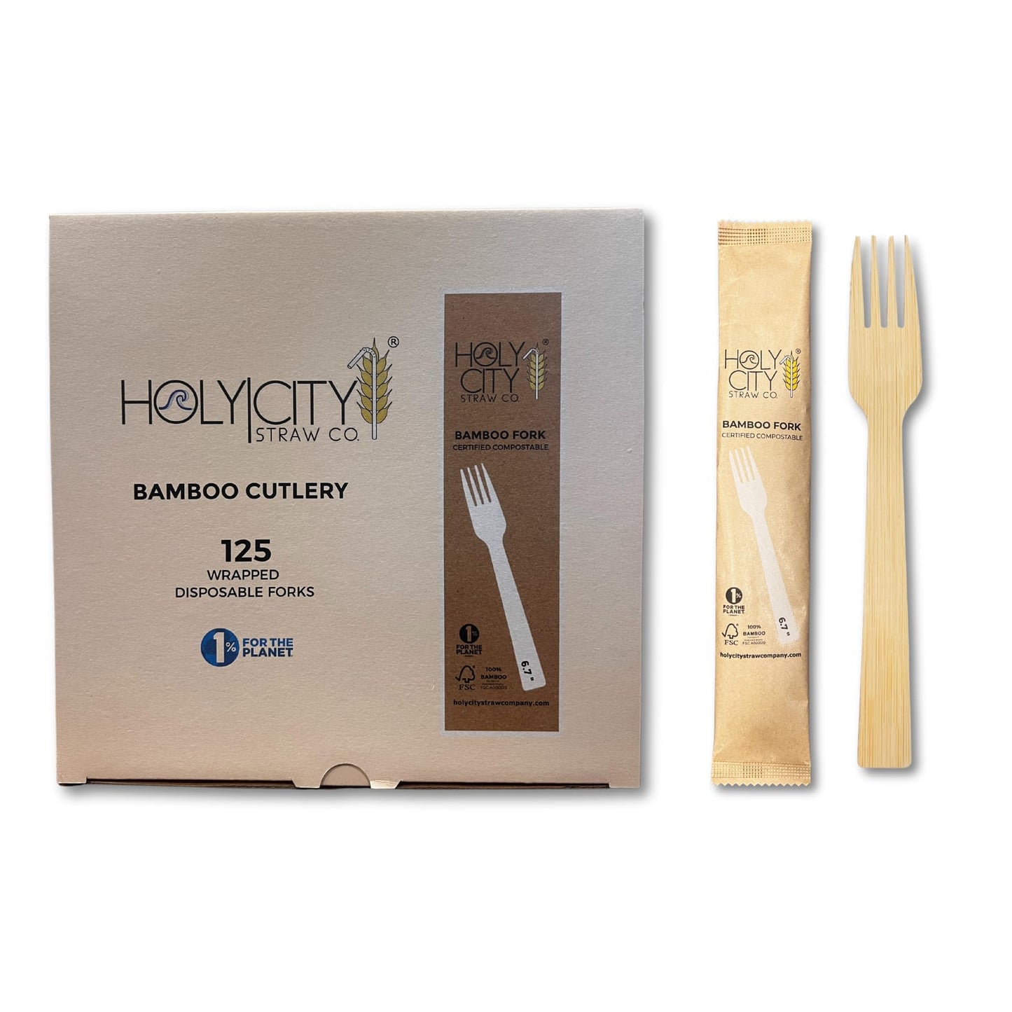 Holy City Straw Co. Paper Wrapped Bamboo Forks | 125ct. | 6.7in | Biodegradable Utensils | Compostable & Plastic-Free | Great for Foodservice