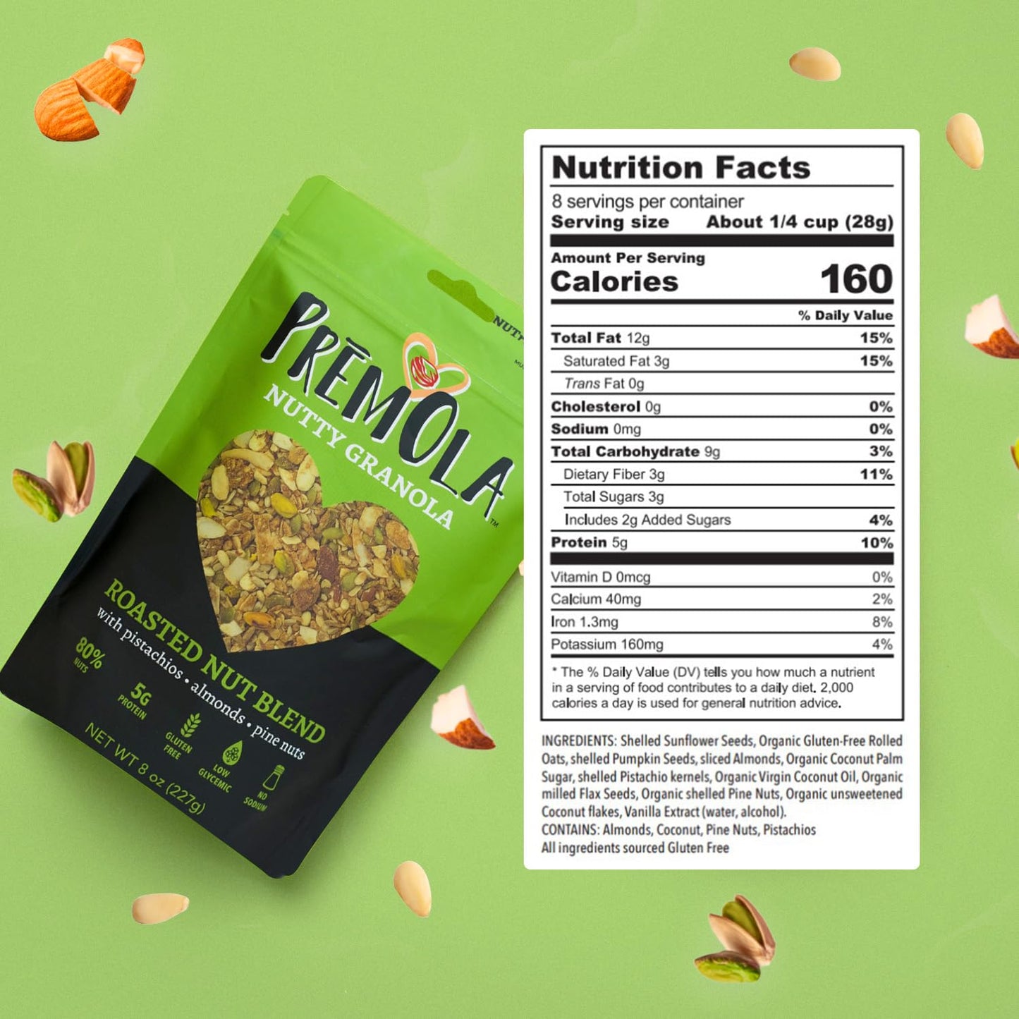 PremOla Nutty Granola, Roasted Nut Blend - Gluten Free, Low Sugar, Vegan Granola with Pistachios, Almonds & Pine Nuts, Packed with Protein & Fiber