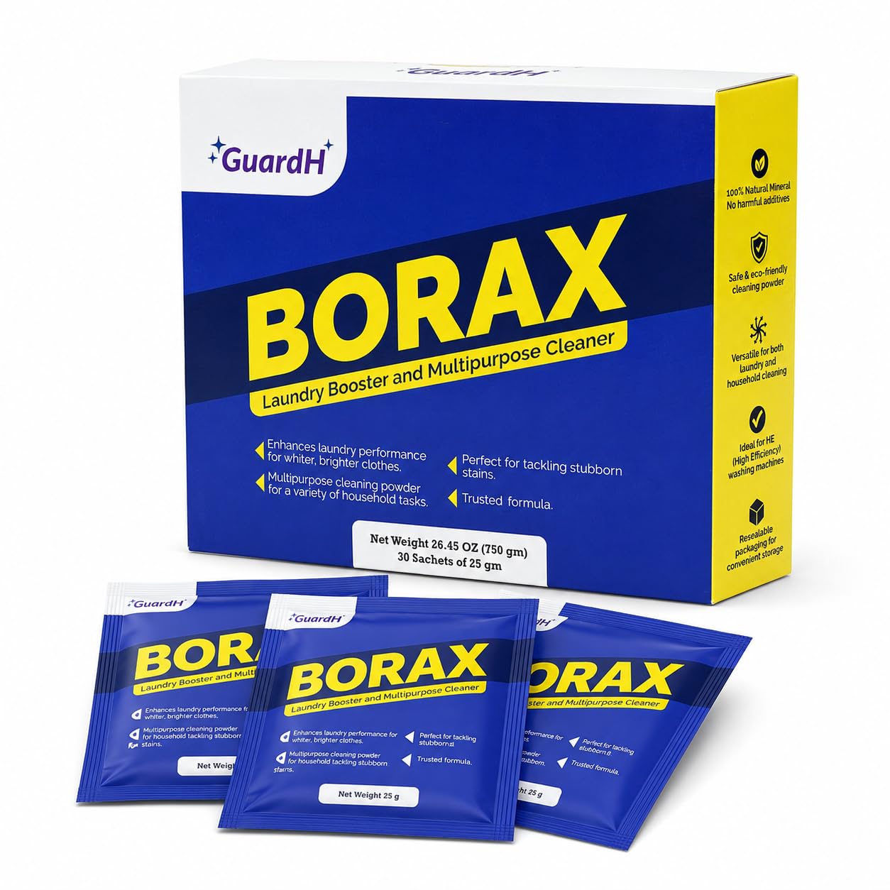 GuardH Borax Multipurpose Cleaner 750g 30 Sachets Natural Mineral Laundry Booster and Household Cleaning Powder for Stains Odor and Grout Eco-Friendly