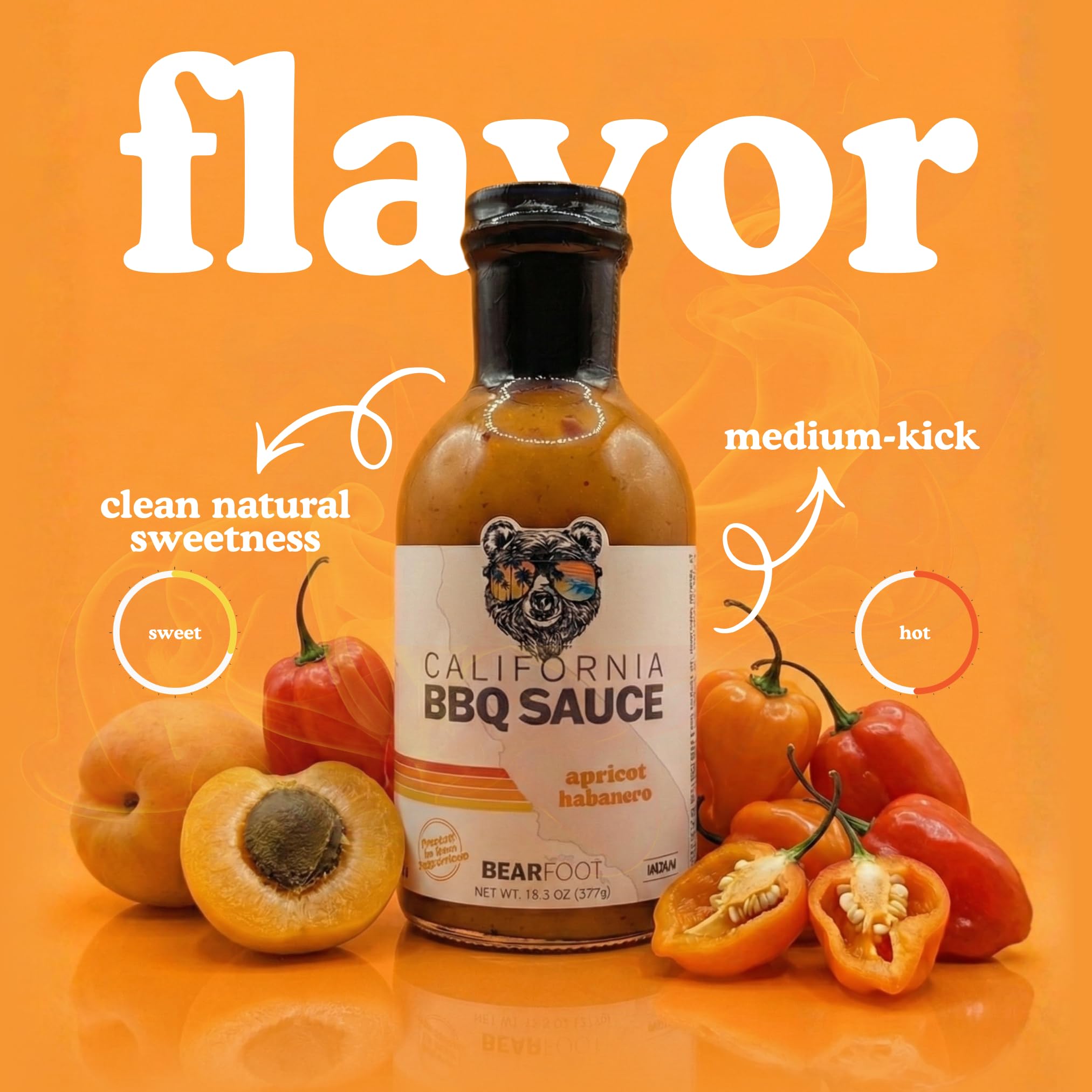 Apricot Habanero BBQ sauce - Bearfoot BBQ - Gluten Free, 13.3 Oz, Small Batch, Non GMO, No Preservatives, No Corn Syrup, No Seed Oils. Marinade