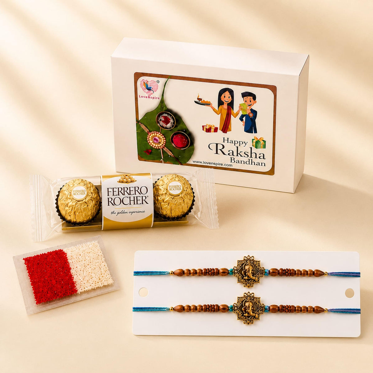 LoveNspire Designer Rakhi Gift Hamper for Brother & Bhabhi (2 Pcs) - Handmade Raksha Bandhan Bracelets with Chocolates & Roli Chawal for Good Luck