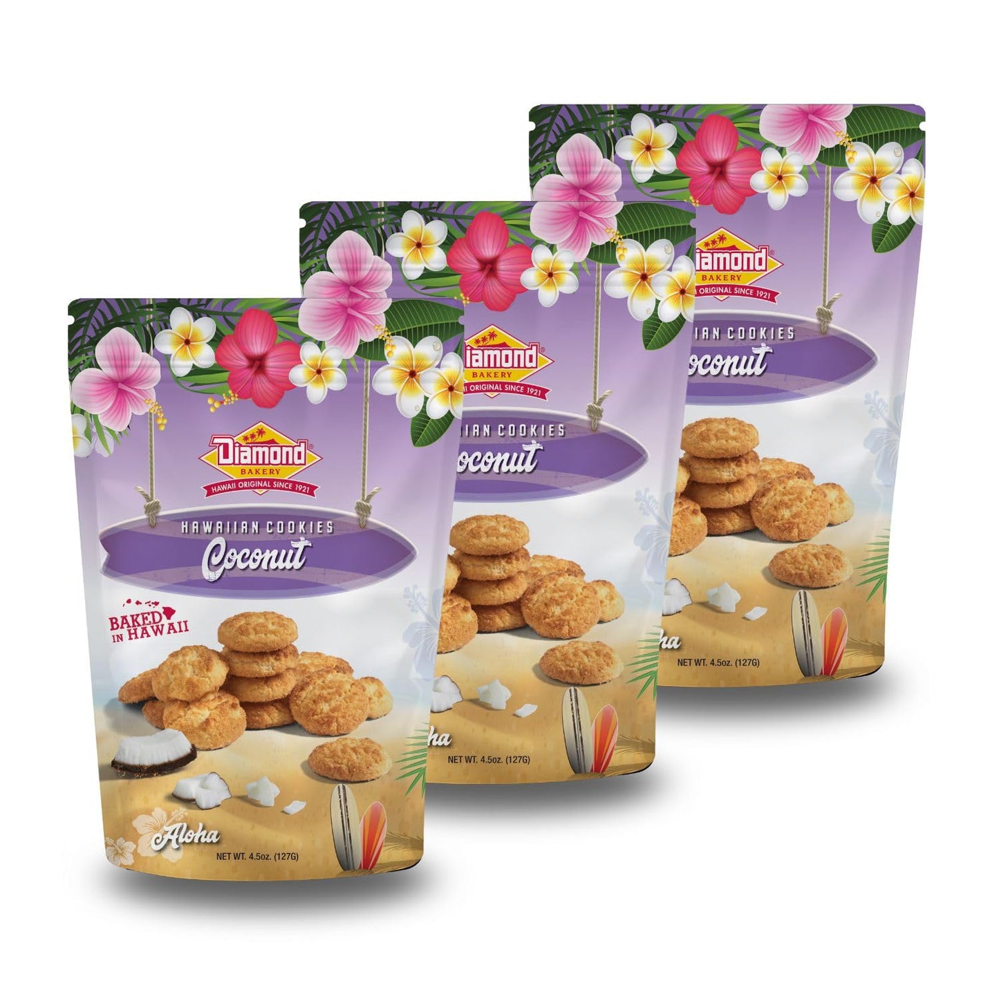 Diamond Bakery Made-in-Hawaii Coconut Cookies - Baked in Hawaii with Shredded Coconut, 13.5oz, 3-Pack (Each 4.5oz Bag Contains 4.5 Servings), Perfect