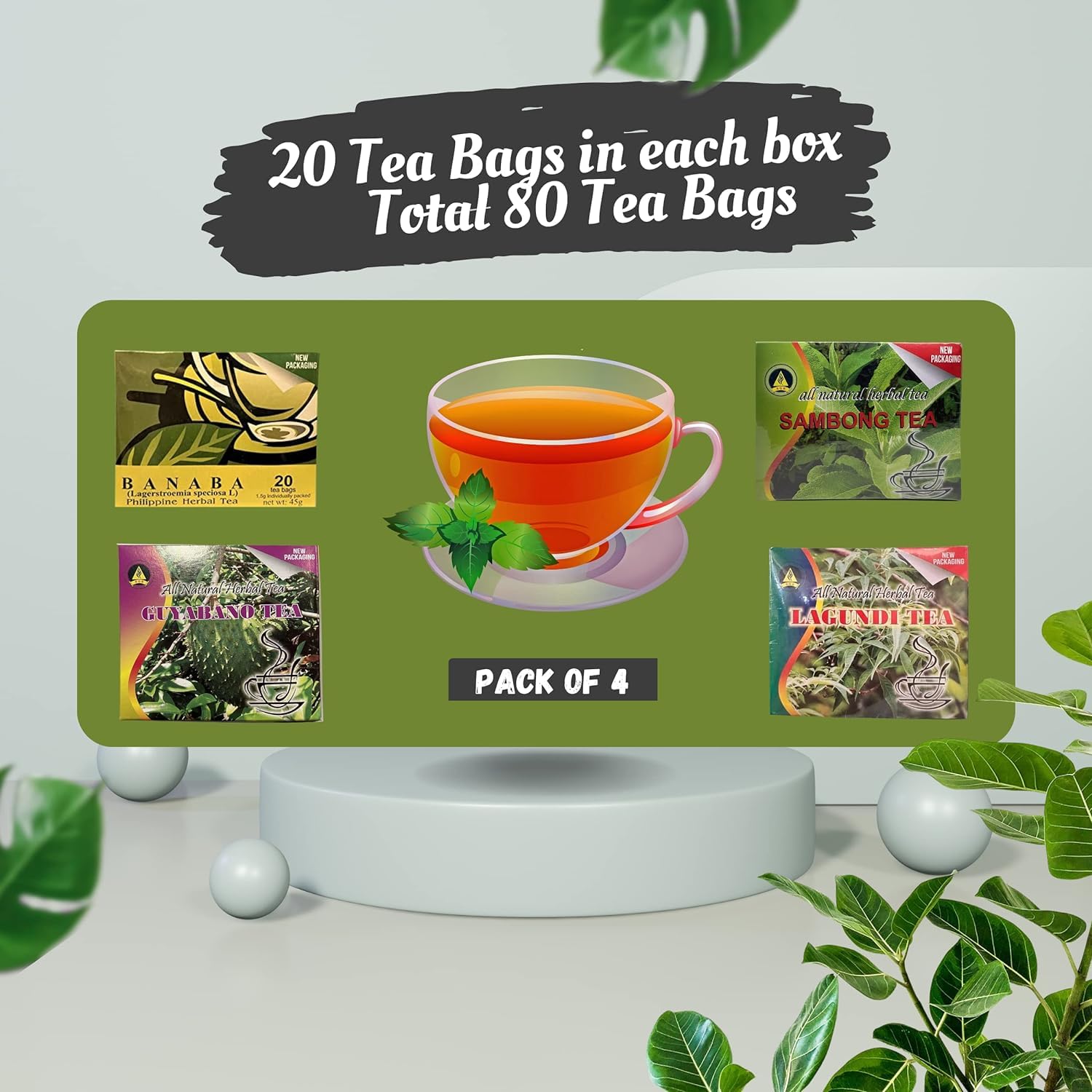Pack of 4 Organic Philippine Teas - Lagundi Tea - Banaba Tea - Sambong Tea - Guyabano Tea - Total 4 Boxes - 20 Tea Bags in Each Box - Total 80 Tea