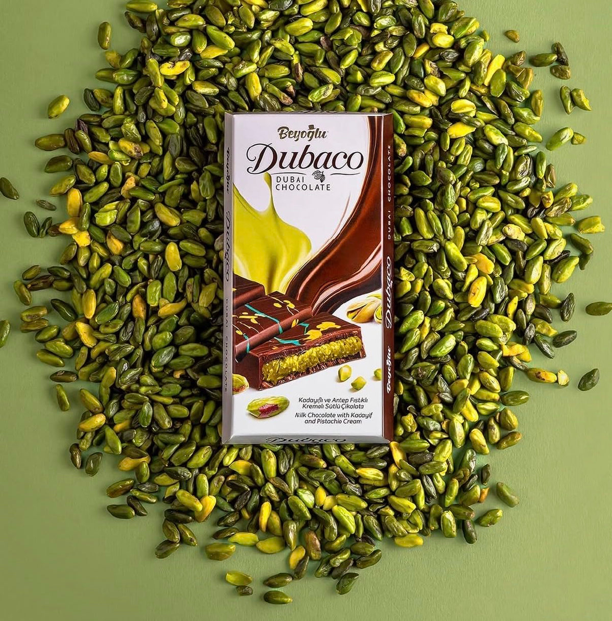 Beyoglu Dubaco Dubai Chocolate Bar - Turkish Pistachio Chocolate with Tahini & Crispy Kadayif | 7 oz Middle Eastern Gourmet Milk Chocolate Imported
