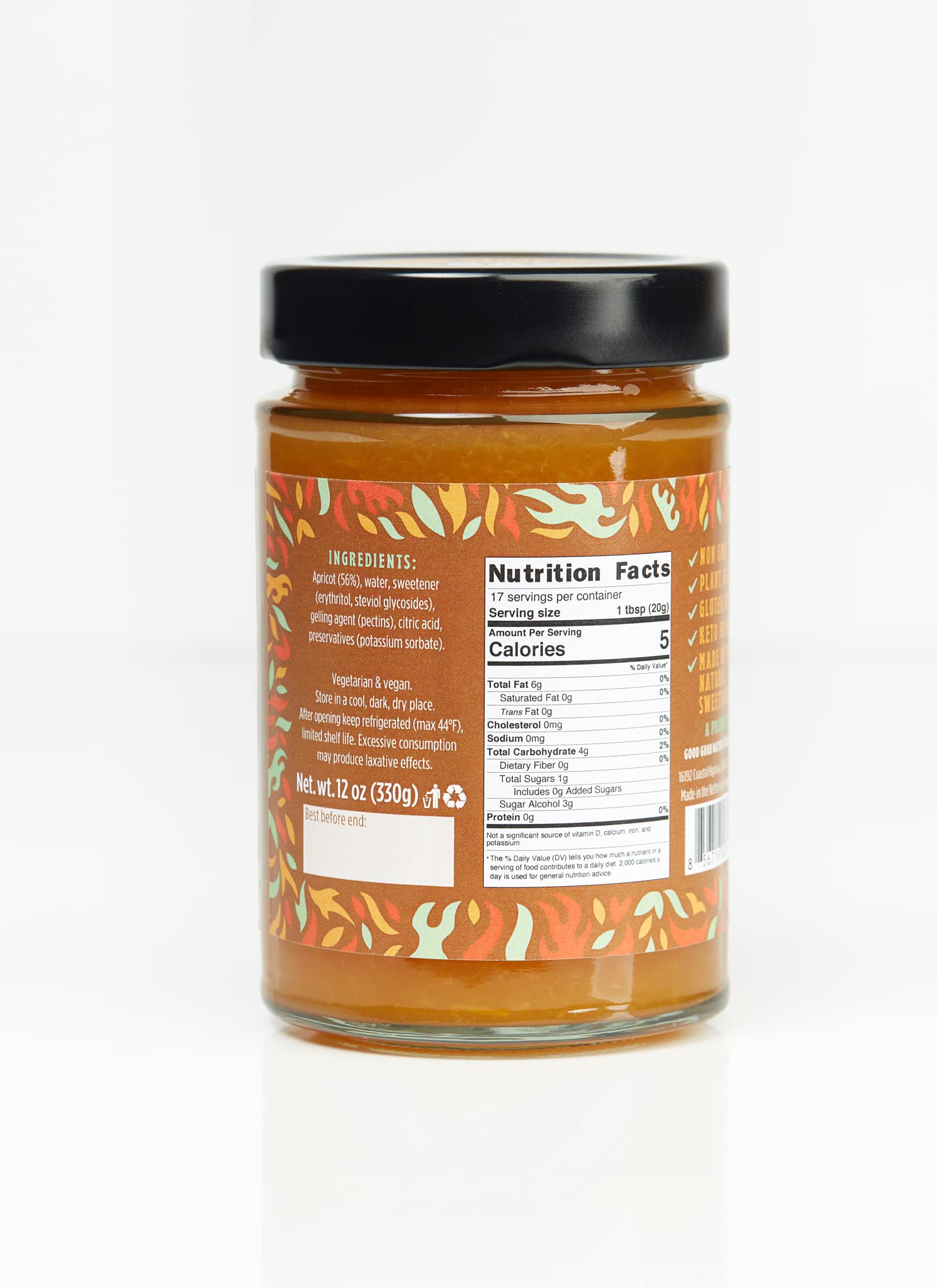 GOOD GOOD Apricot Jam - No Added Sugar - Low Calorie - Gluten Free and Vegan - Diabetic and Keto Friendly - 12oz / 330g (Pack of 1)