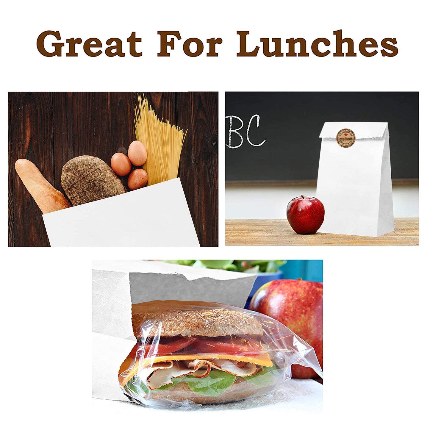 Paper Lunch Bags 100 Count Large White Lunch Bags Sacks Kraft White Paper 8LB Strong for Small Business