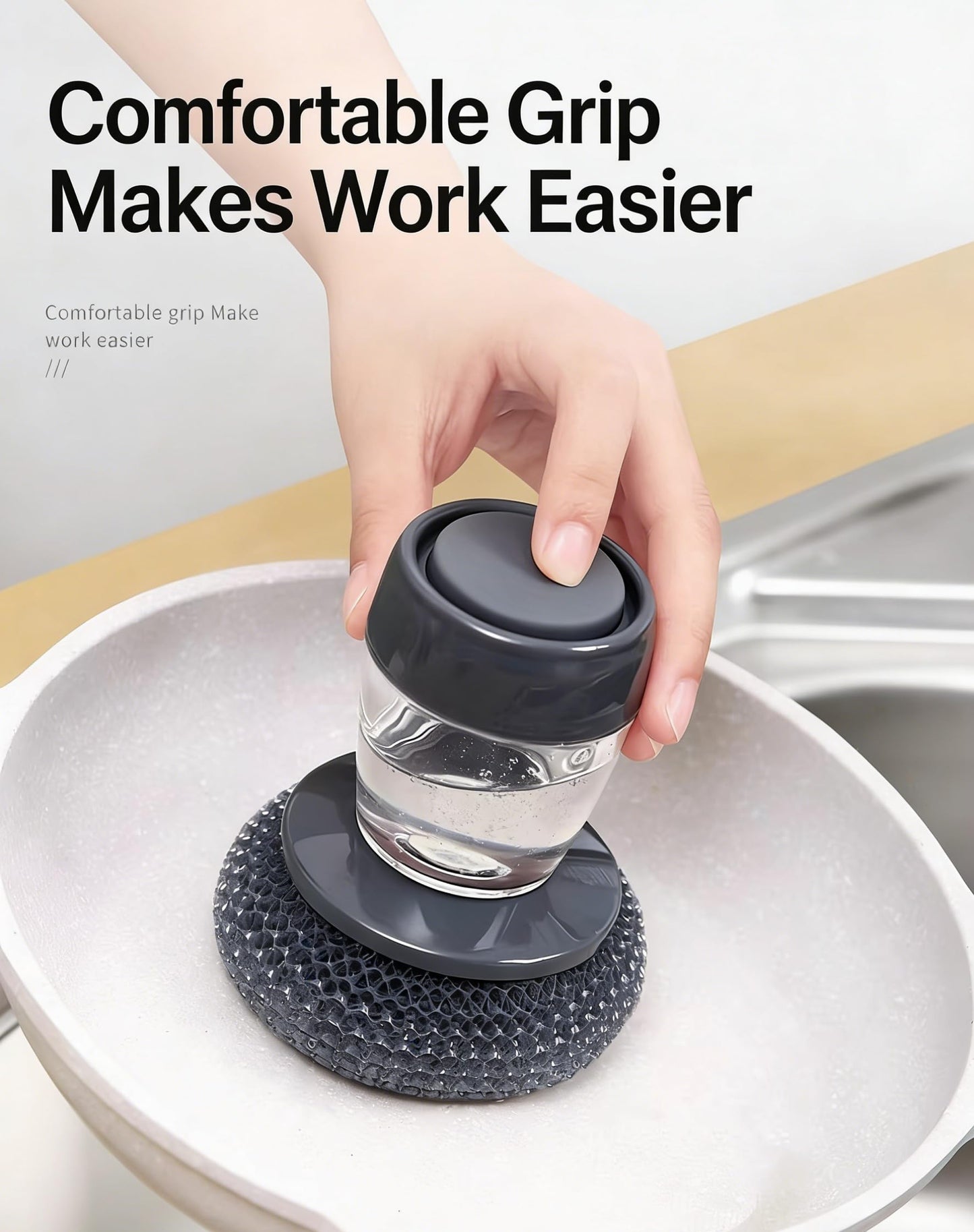 Press-Type Automatic Soap Pot Brush - 3-in-1 Self-Filling, Non-Scratch for Pot Pan & Stovetop Cleaning.
