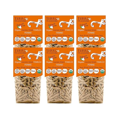TERRE E TRADIZIONI 6 PACKS ORGANIC ITALIAN SEMI WHOLE DURUM WHEAT PENNE PASTA,LOW-GLUTEN INDEX. Has 6X More Fiber and Protein than Popular Grains. Al