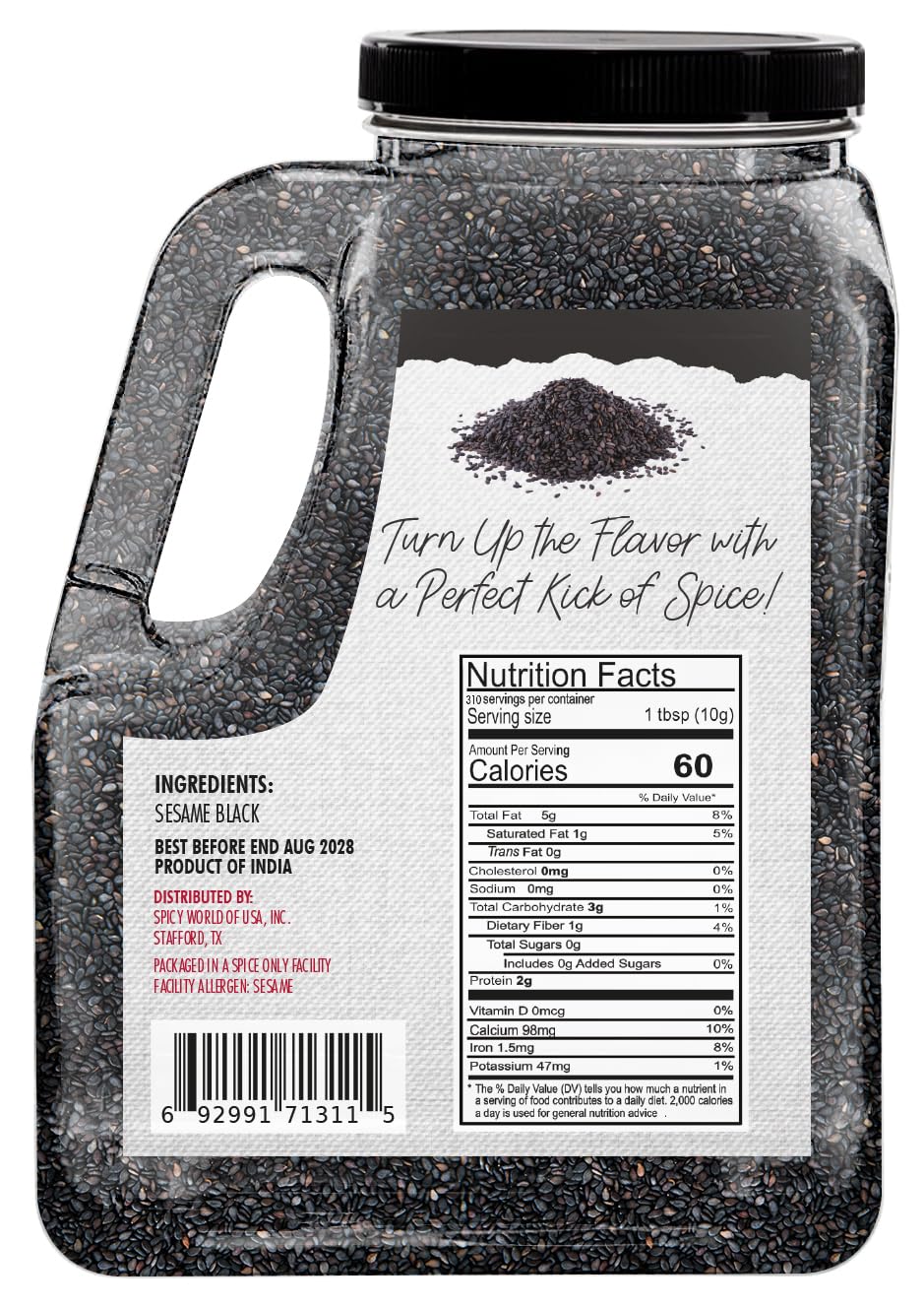 Black Sesame Seeds 7 LB Bulk Jar - All Natural, Pure, Non-GMO, Freshly Packed Sesame Seeds, Unhulled & Gluten Free by Spicy World