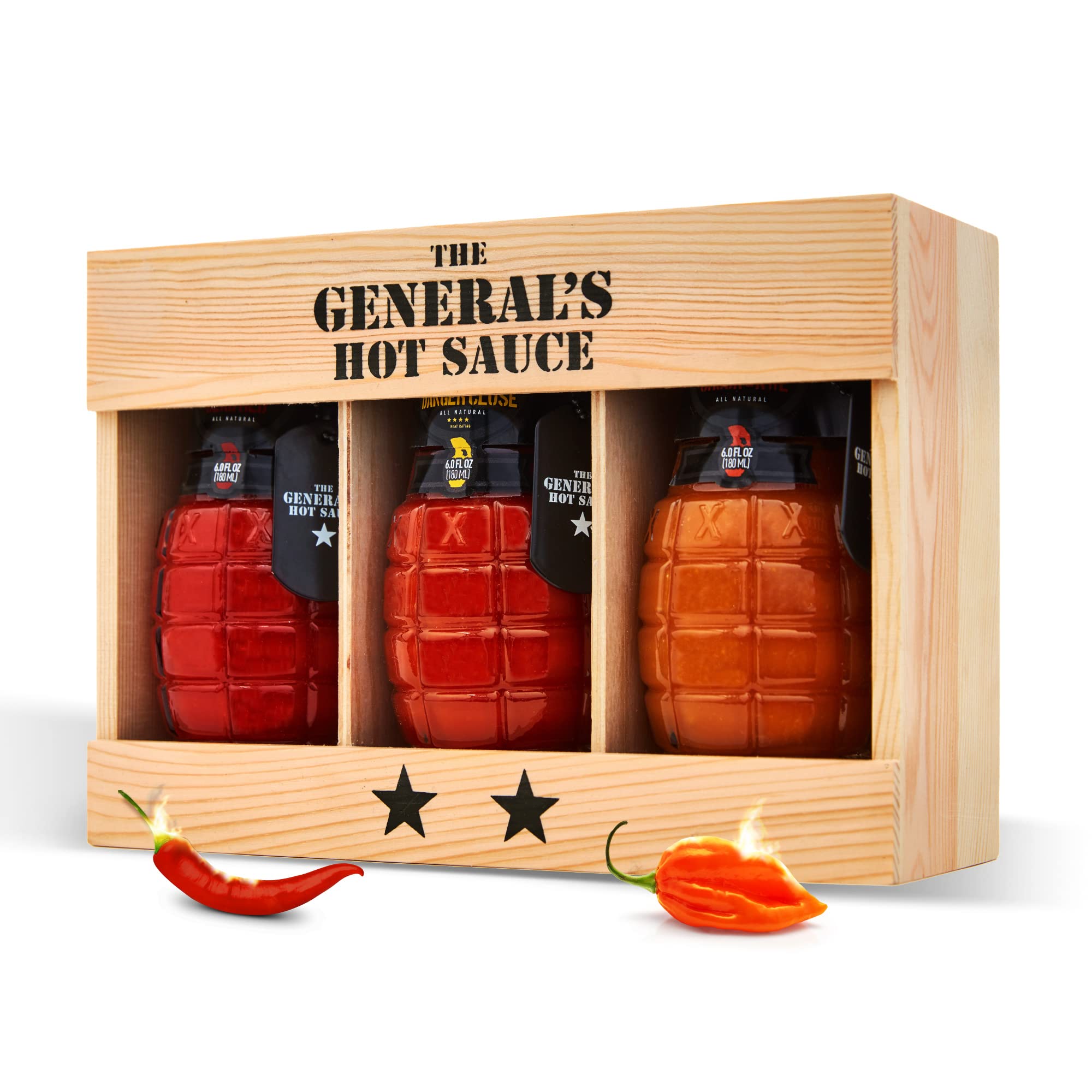 The General's Hot Sauce Gift Set 2-Star Wood Box Gourmet Variety 6oz 3-Pack