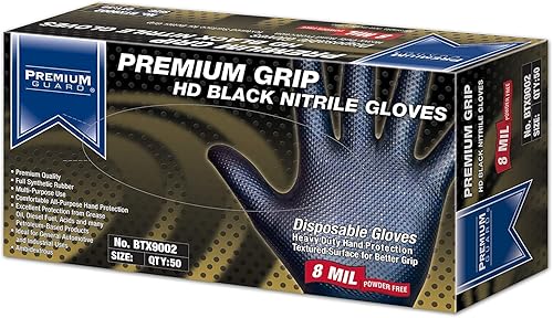 Premium Guard - Nitrile Gloves Heavy Duty 8 Mil Disposable, Powder Free, Black, 50 Gloves per Box (X-Large)