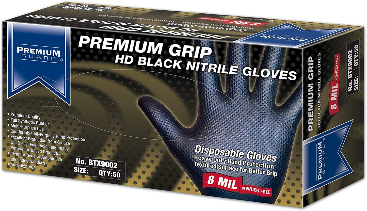 Premium Guard - Nitrile Gloves Heavy Duty 8 Mil Disposable, Powder Free, Black, 50 Gloves per Box (X-Large)
