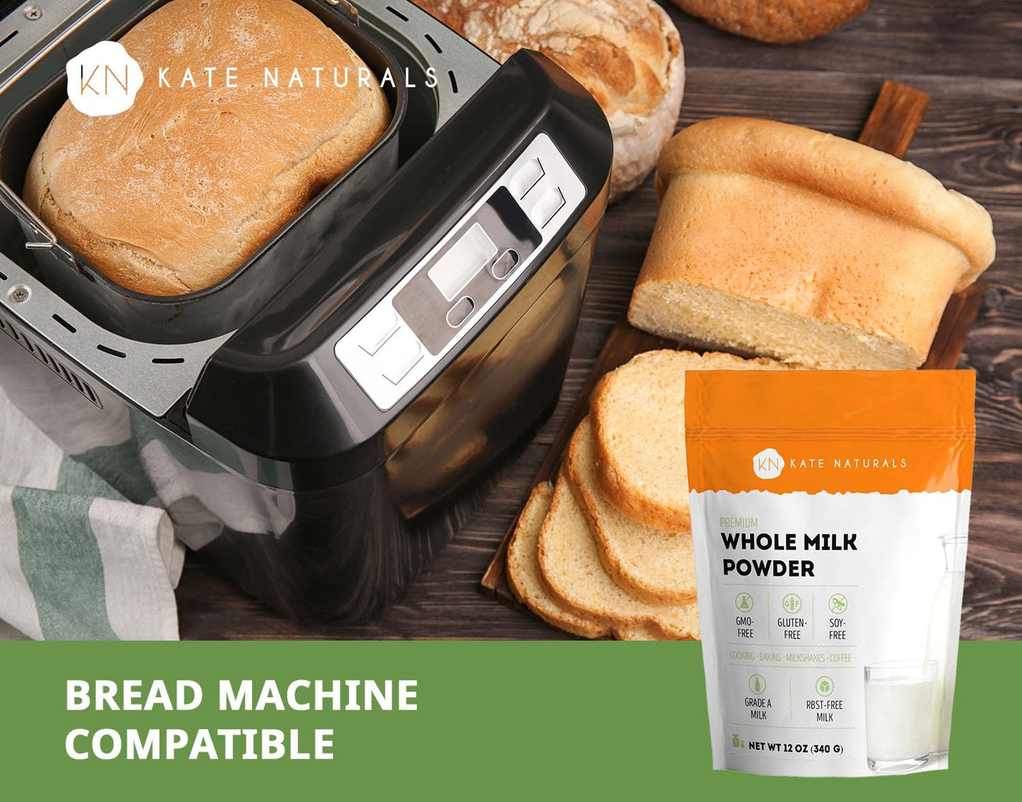 Kate Naturals Dry Whole Milk Powder for Baking, Coffee & Milkshakes (12oz) RBST-Free, Made in USA, Dried Powdered Substitute For Liquid Milk