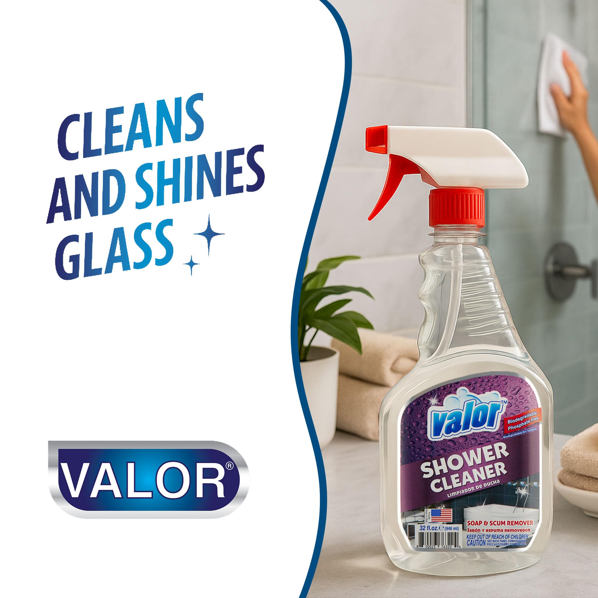 Valor Shower Cleaner Spray - Soap Scum & Hard Water Stain Cleaning Solution for Bathroom, Tub & Tile, (32 Fl Oz (Pack of 1))